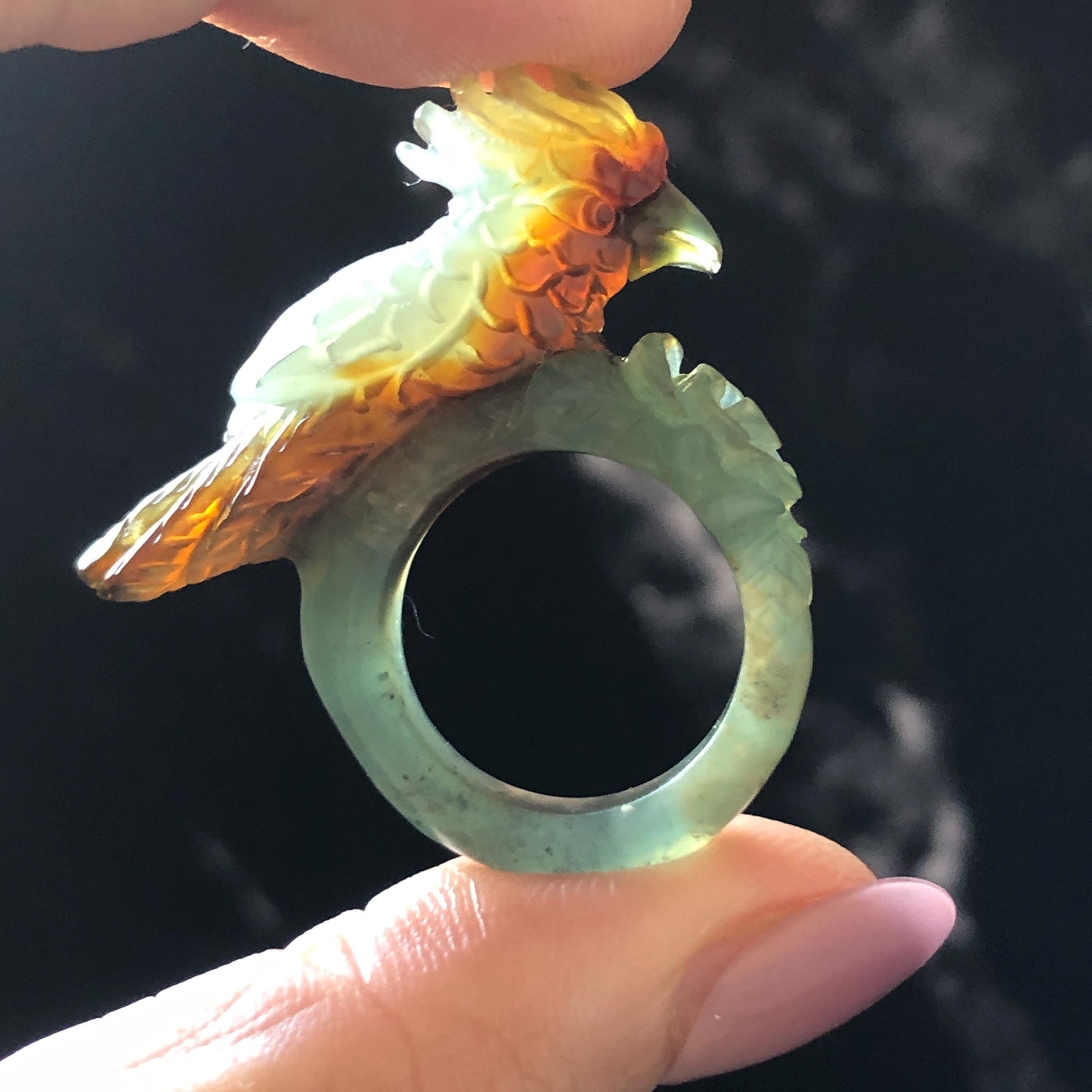 Natural Xiu Jade Serpentine Hand Carved 3D Parrot Ring 17.1mm (US 6.5): Gradient Multi-colour Green Yellow Brown White Jade Statement Ring Band Ring gift for her brown jade carving green jade white jade yellow jade orange jade multi colour jade parrot carving bird carving hand engraved statement ring flower carving hand carved flower natural untreated jade handcrafted jade ring 3D carving Stone carving Gemstone Carving Bird Lover gift Parrot Lover Gift jade cocktail ring jade band ring