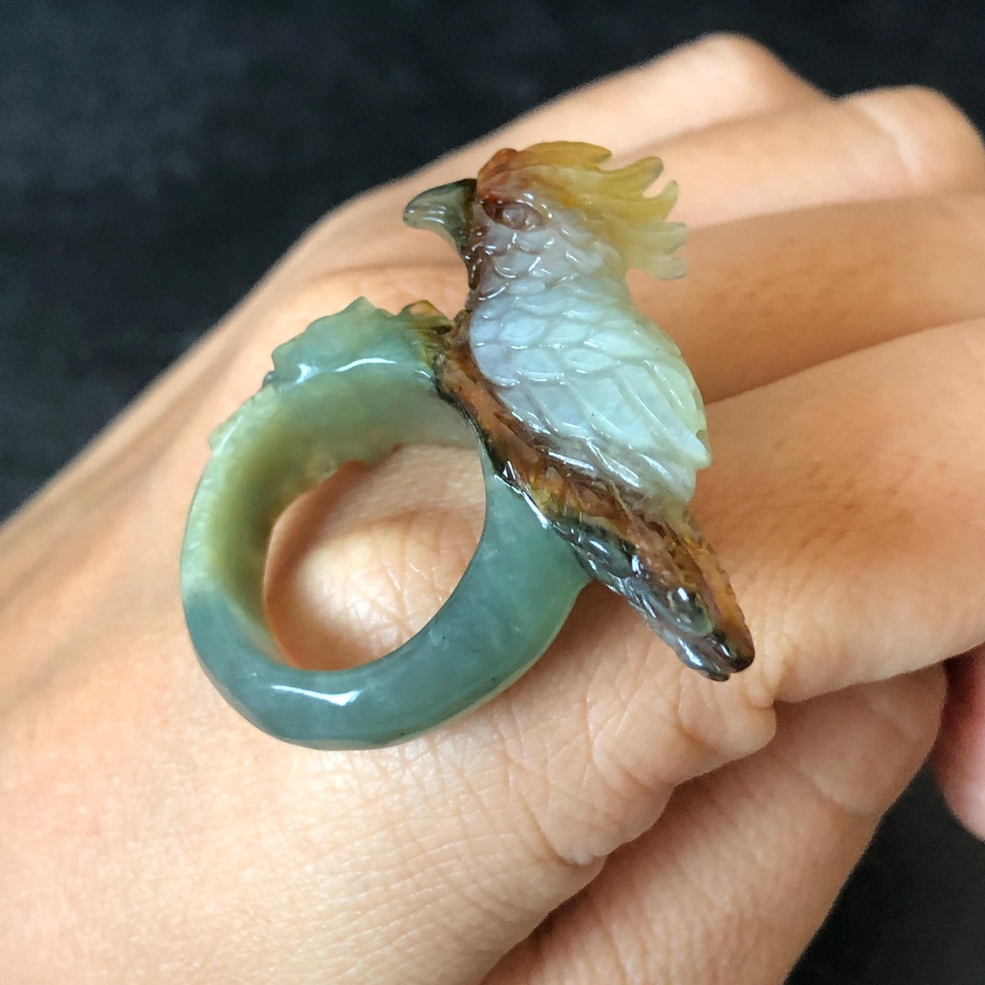 Natural Xiu Jade Serpentine Hand Carved 3D Parrot Ring 17.1mm (US 6.5): Gradient Multi-colour Green Yellow Brown White Jade Statement Ring Band Ring gift for her brown jade carving green jade white jade yellow jade orange jade multi colour jade parrot carving bird carving hand engraved statement ring flower carving hand carved flower natural untreated jade handcrafted jade ring 3D carving Stone carving Gemstone Carving Bird Lover gift Parrot Lover Gift jade cocktail ring jade band ring