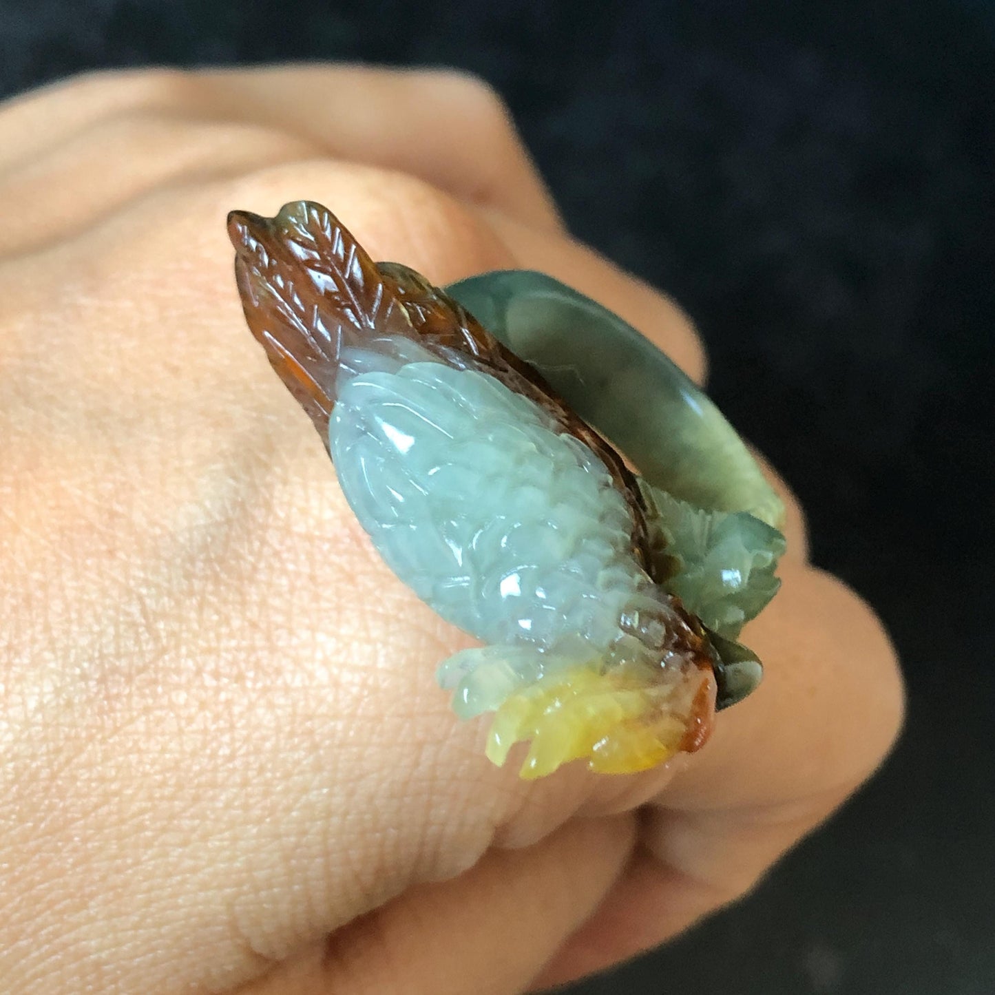 Natural Xiu Jade Serpentine Hand Carved 3D Parrot Ring 17.1mm (US 6.5): Gradient Multi-colour Green Yellow Brown White Jade Statement Ring Band Ring gift for her brown jade carving green jade white jade yellow jade orange jade multi colour jade parrot carving bird carving hand engraved statement ring flower carving hand carved flower natural untreated jade handcrafted jade ring 3D carving Stone carving Gemstone Carving Bird Lover gift Parrot Lover Gift jade cocktail ring jade band ring