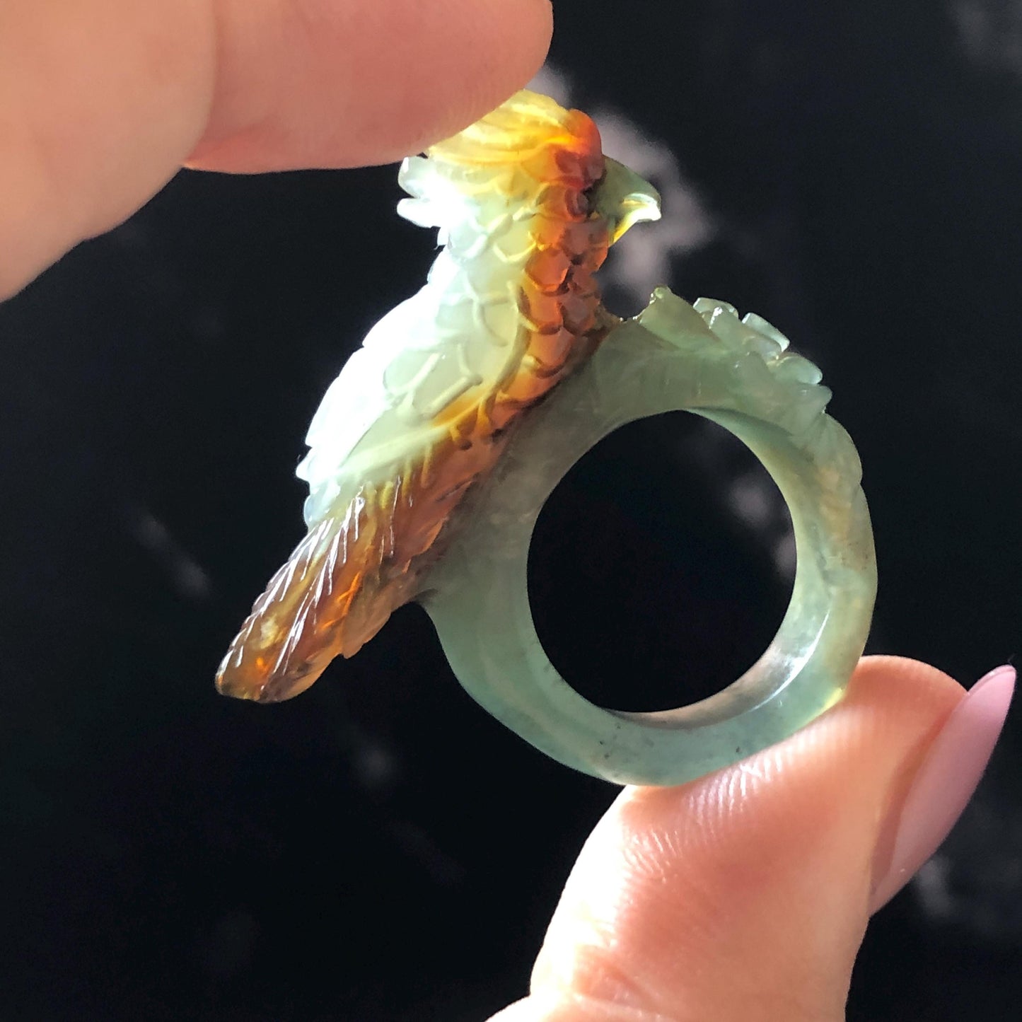 Natural Xiu Jade Serpentine Hand Carved 3D Parrot Ring 17.1mm (US 6.5): Gradient Multi-colour Green Yellow Brown White Jade Statement Ring Band Ring gift for her brown jade carving green jade white jade yellow jade orange jade multi colour jade parrot carving bird carving hand engraved statement ring flower carving hand carved flower natural untreated jade handcrafted jade ring 3D carving Stone carving Gemstone Carving Bird Lover gift Parrot Lover Gift jade cocktail ring jade band ring