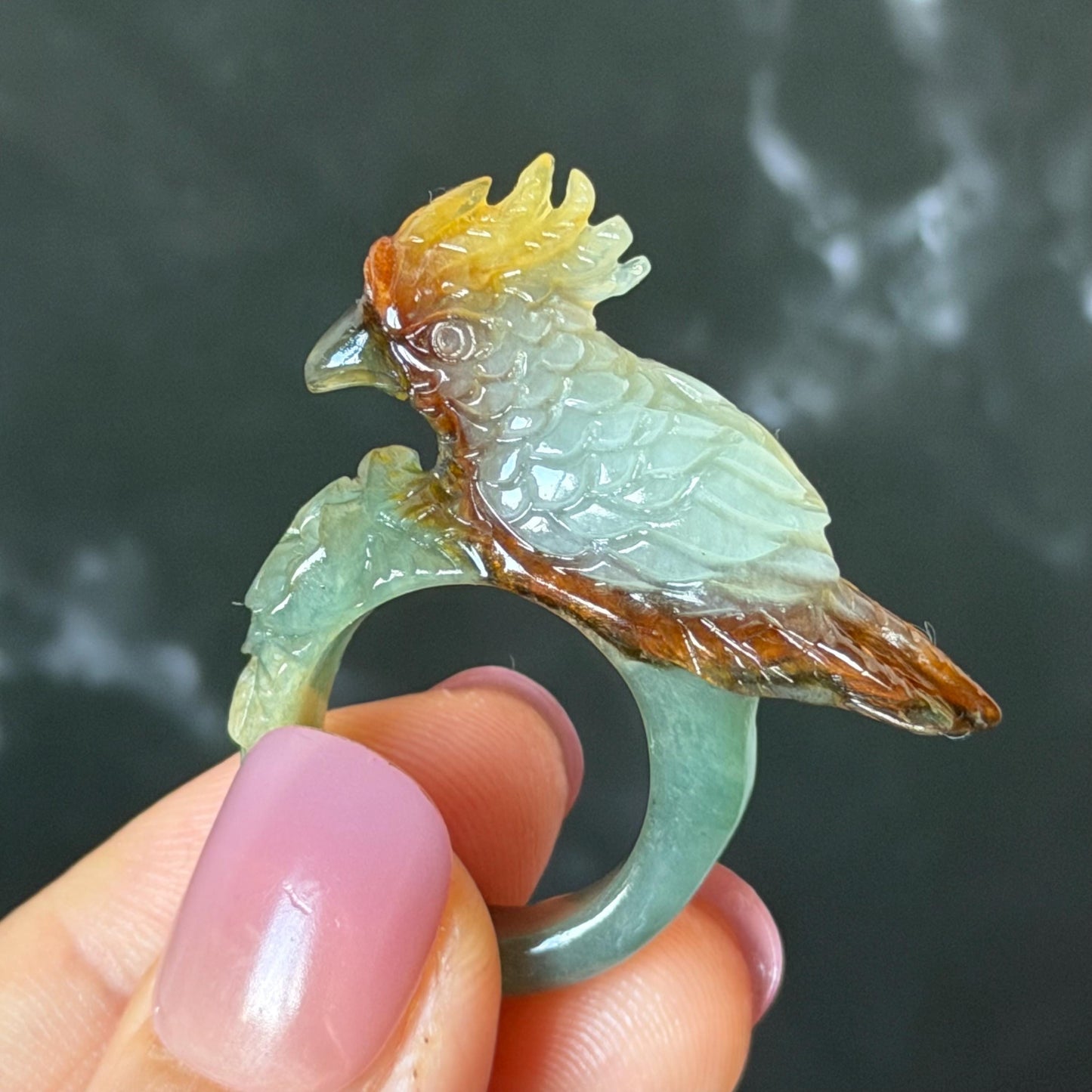 Natural Xiu Jade Serpentine Hand Carved 3D Parrot Ring 17.1mm (US 6.5): Gradient Multi-colour Green Yellow Brown White Jade Statement Ring Band Ring gift for her brown jade carving green jade white jade yellow jade orange jade multi colour jade parrot carving bird carving hand engraved statement ring flower carving hand carved flower natural untreated jade handcrafted jade ring 3D carving Stone carving Gemstone Carving Bird Lover gift Parrot Lover Gift jade cocktail ring jade band ring