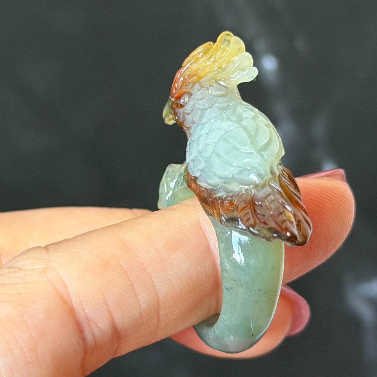 Natural Xiu Jade Serpentine Hand Carved 3D Parrot Ring 17.1mm (US 6.5): Gradient Multi-colour Green Yellow Brown White Jade Statement Ring Band Ring gift for her brown jade carving green jade white jade yellow jade orange jade multi colour jade parrot carving bird carving hand engraved statement ring flower carving hand carved flower natural untreated jade handcrafted jade ring 3D carving Stone carving Gemstone Carving Bird Lover gift Parrot Lover Gift jade cocktail ring jade band ring