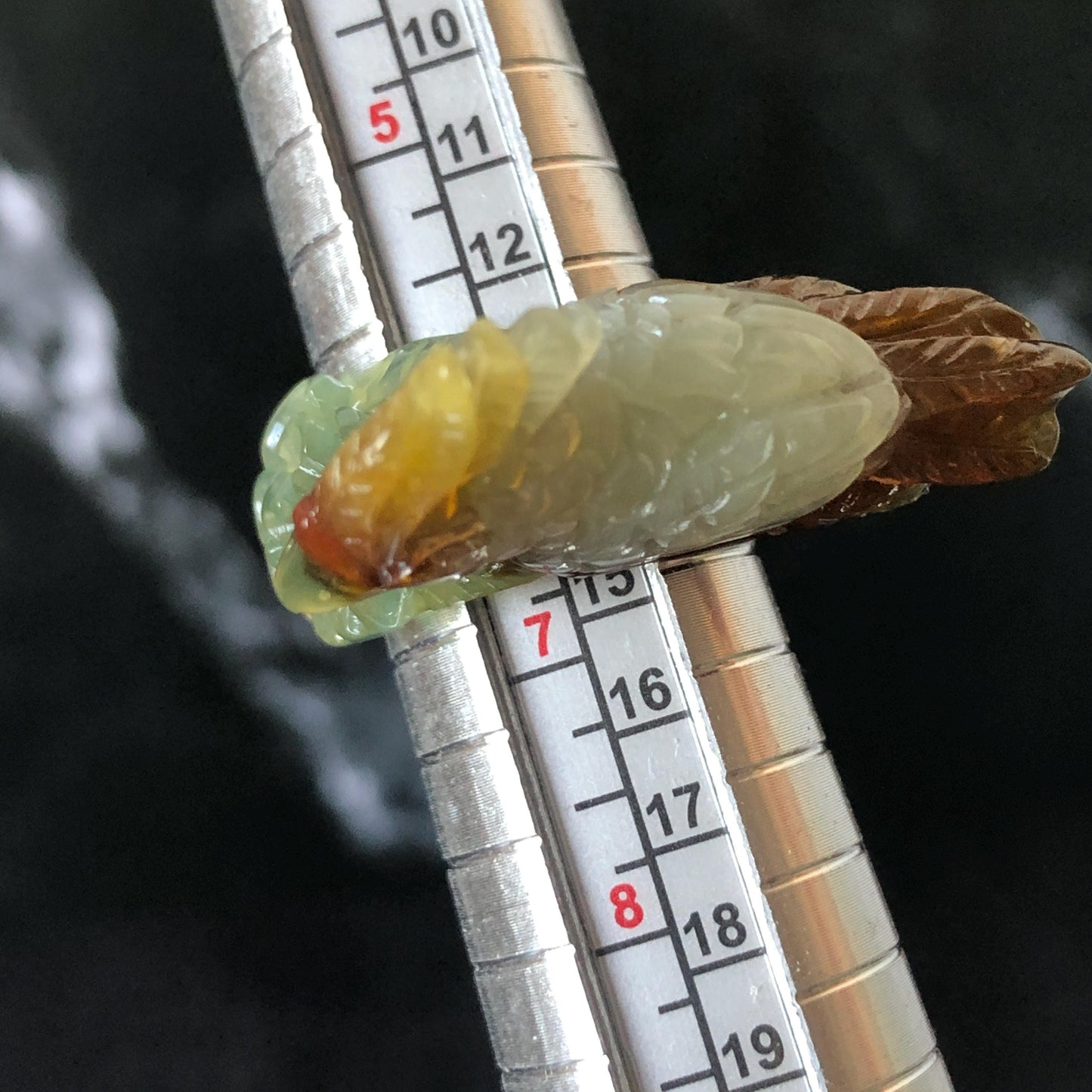 Natural Xiu Jade Serpentine Hand Carved 3D Parrot Ring 17.1mm (US 6.5): Gradient Multi-colour Green Yellow Brown White Jade Statement Ring Band Ring gift for her brown jade carving green jade white jade yellow jade orange jade multi colour jade parrot carving bird carving hand engraved statement ring flower carving hand carved flower natural untreated jade handcrafted jade ring 3D carving Stone carving Gemstone Carving Bird Lover gift Parrot Lover Gift jade cocktail ring jade band ring