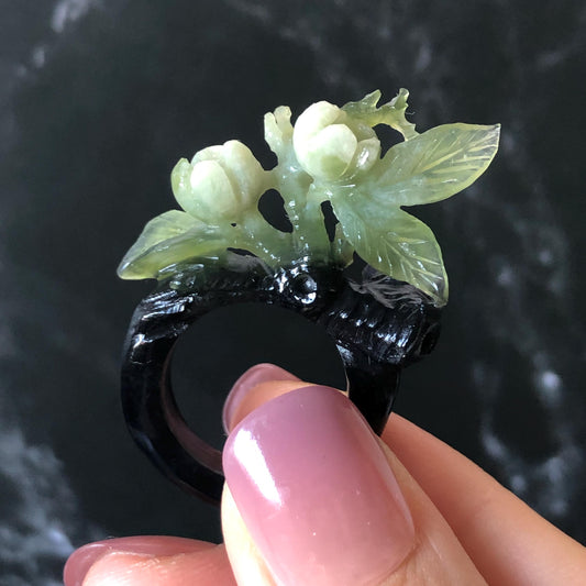 Xiu Jade (Serpentine) Hand Carved Blooming Jasmine Flower Ring 16mm (US 5-5.25): Natural Black Green White Jade Statement Ring Band Ring gift for her black jade carving green jade white jade multi colour jade flower carving jasmine carving hand engraved statement ring hand carved flower natural untreated jade handcrafted jade ring 3D carving Stone carving Gemstone Carving flower Lover gift jade cocktail ring jade band ring