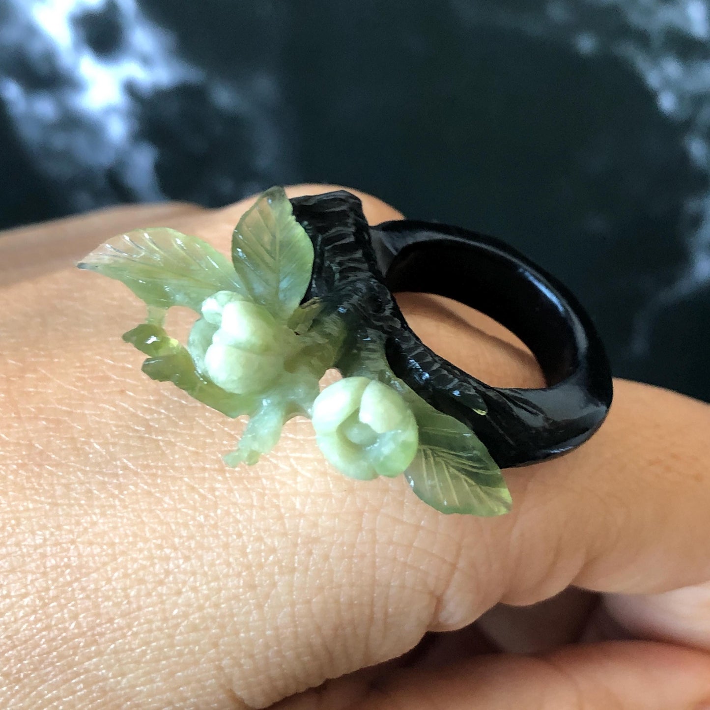 Xiu Jade (Serpentine) Hand Carved Blooming Jasmine Flower Ring 16mm (US 5-5.25): Natural Black Green White Jade Statement Ring Band Ring gift for her black jade carving green jade white jade multi colour jade flower carving jasmine carving hand engraved statement ring hand carved flower natural untreated jade handcrafted jade ring 3D carving Stone carving Gemstone Carving flower Lover gift jade cocktail ring jade band ring