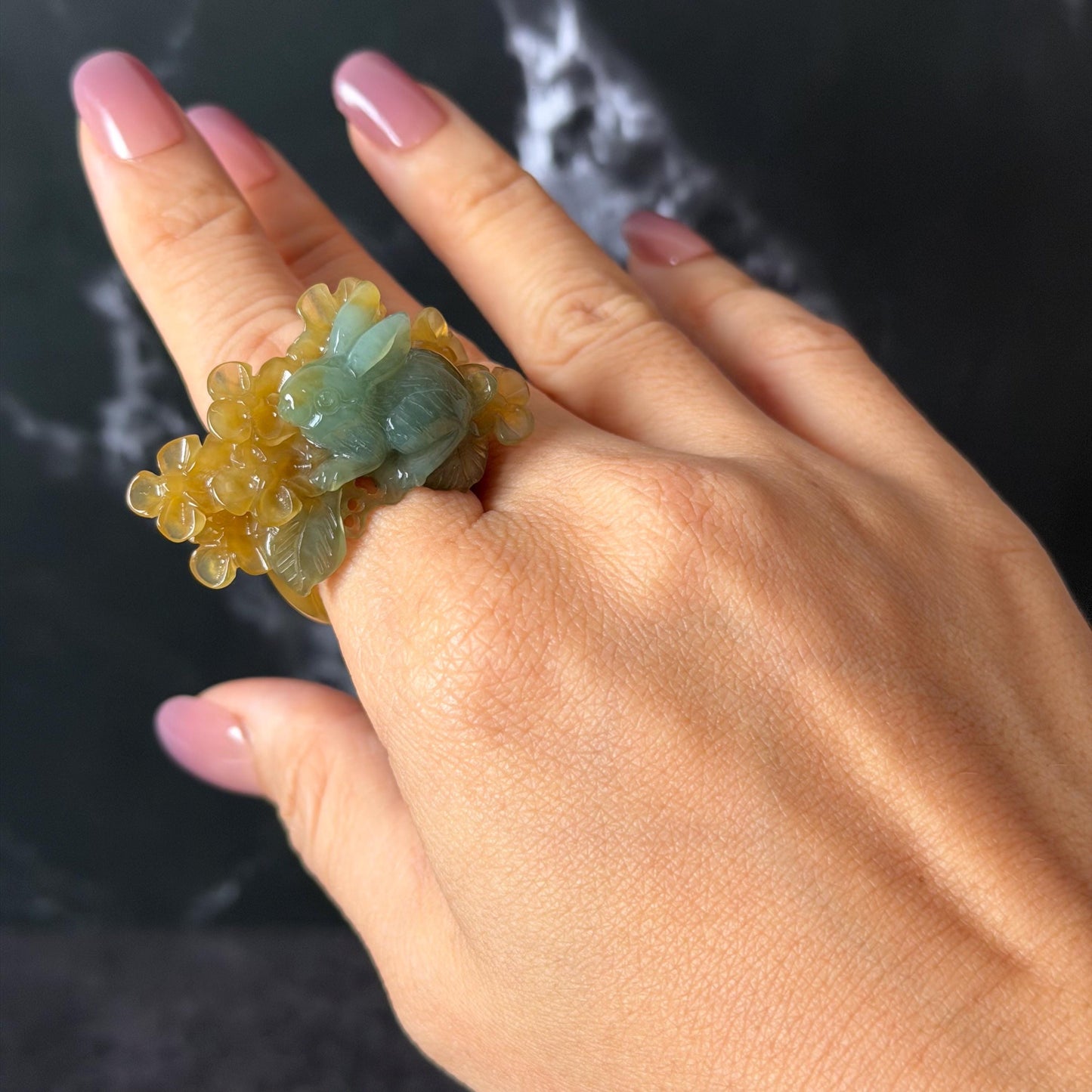 Xiu Jade (Serpentine) Hand Carved Rabbit & Flower Statement Ring 17.7mm (US 7-7.25): Natural Green Yellow Jade 3D stone carving Statement Ring Band Ring gift for her green jade carving yellow jade bi colour jade rabbit carving hand engraved statement ring flower carving hand carved flower natural untreated jade handcrafted jade ring 3D carving Stone carving Gemstone Carving rabbit Lover gift jade cocktail ring jade band ring bunny ring bunny carving
