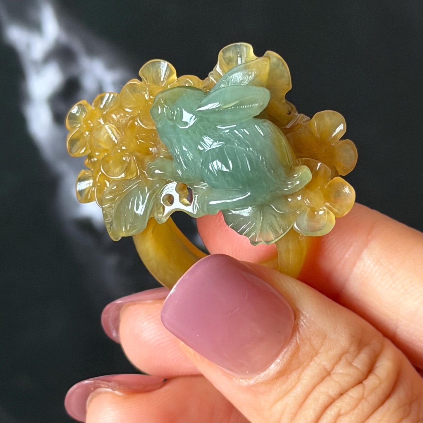 Xiu Jade (Serpentine) Hand Carved Rabbit & Flower Statement Ring 17.7mm (US 7-7.25): Natural Green Yellow Jade 3D stone carving Statement Ring Band Ring gift for her green jade carving yellow jade bi colour jade rabbit carving hand engraved statement ring flower carving hand carved flower natural untreated jade handcrafted jade ring 3D carving Stone carving Gemstone Carving rabbit Lover gift jade cocktail ring jade band ring bunny ring bunny carving