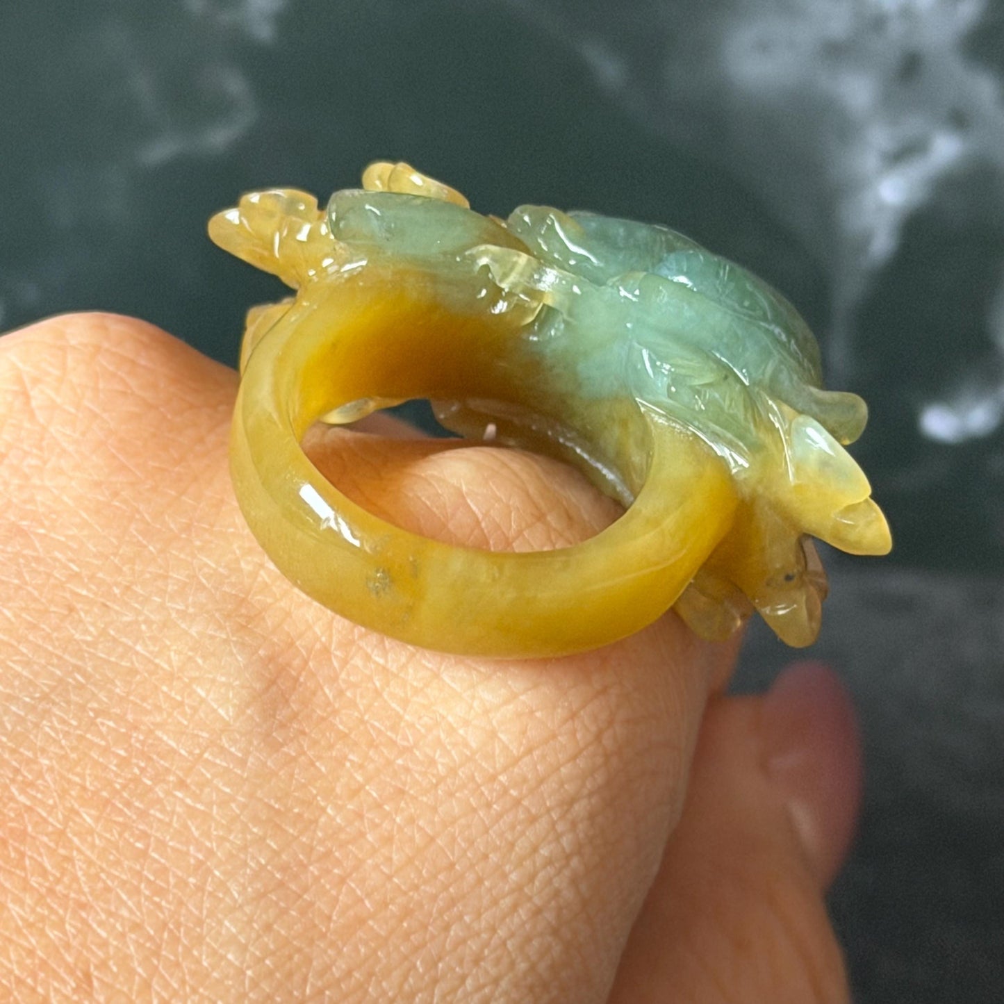 Xiu Jade (Serpentine) Hand Carved Rabbit & Flower Statement Ring 17.7mm (US 7-7.25): Natural Green Yellow Jade 3D stone carving Statement Ring Band Ring gift for her green jade carving yellow jade bi colour jade rabbit carving hand engraved statement ring flower carving hand carved flower natural untreated jade handcrafted jade ring 3D carving Stone carving Gemstone Carving rabbit Lover gift jade cocktail ring jade band ring bunny ring bunny carving