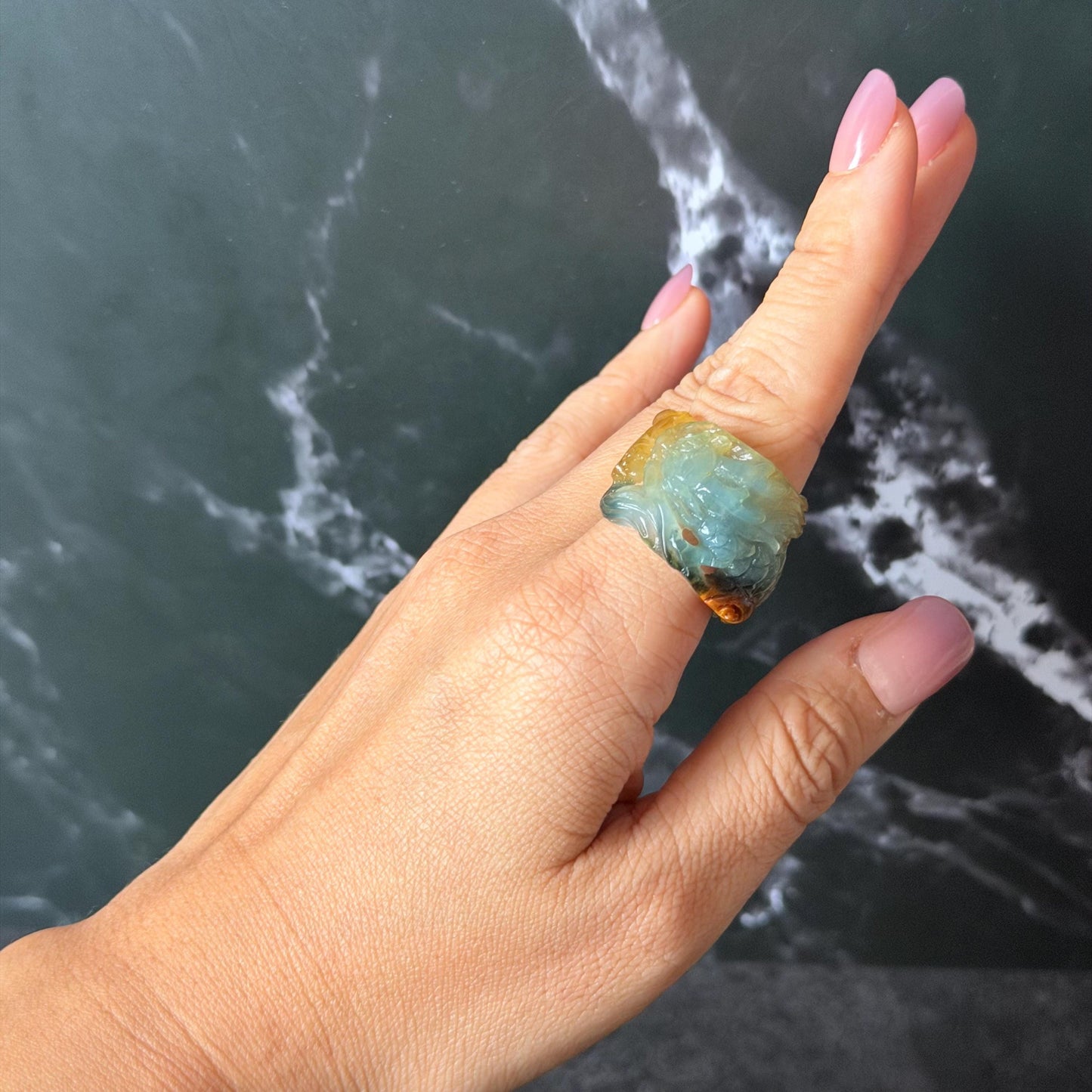 Xiu Jade Serpentine Hand Carved Spraying Fire Dragon Ring 18.4mm (US 8) : Natural Tri-colour Brown Yellow Green Jade Statement Ring Band Ring gift for her green jade carving yellow jade brown jade tri colour jade dragon carving hand engraved statement ring hand carved flower natural untreated jade handcrafted jade ring hallow out style 3D carving Stone carving Gemstone Carving dragon Lover gift jade cocktail ring jade band ring thumb ring