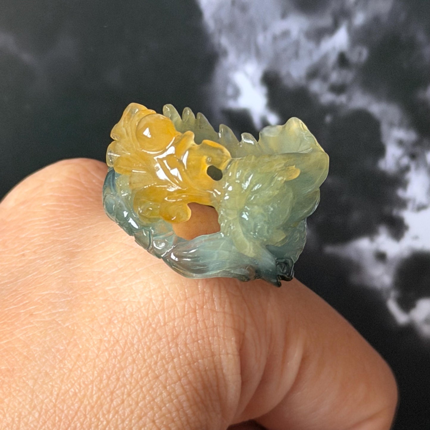 Xiu Jade Serpentine Hand Carved Spraying Fire Dragon Ring 18.4mm (US 8) : Natural Tri-colour Brown Yellow Green Jade Statement Ring Band Ring gift for her green jade carving yellow jade brown jade tri colour jade dragon carving hand engraved statement ring hand carved flower natural untreated jade handcrafted jade ring hallow out style 3D carving Stone carving Gemstone Carving dragon Lover gift jade cocktail ring jade band ring thumb ring