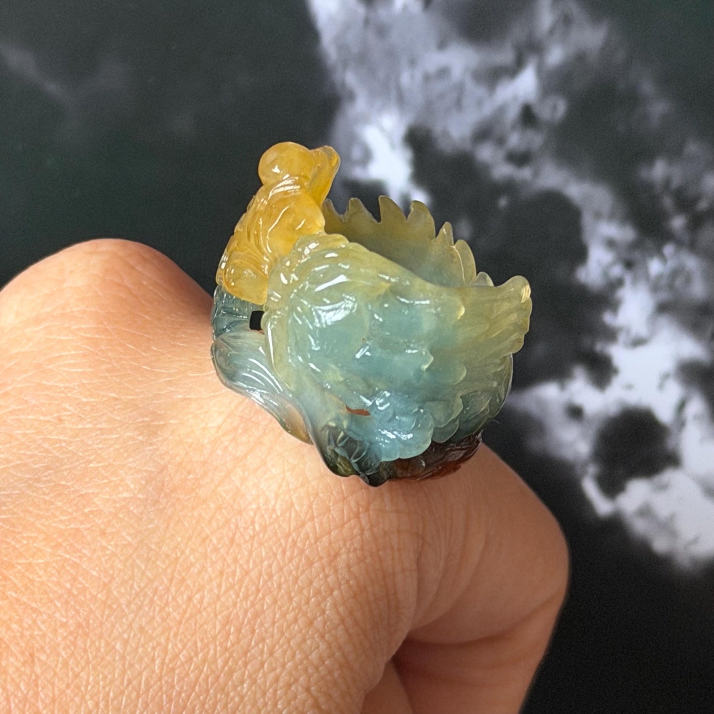 Xiu Jade Serpentine Hand Carved Spraying Fire Dragon Ring 18.4mm (US 8) : Natural Tri-colour Brown Yellow Green Jade Statement Ring Band Ring gift for her green jade carving yellow jade brown jade tri colour jade dragon carving hand engraved statement ring hand carved flower natural untreated jade handcrafted jade ring hallow out style 3D carving Stone carving Gemstone Carving dragon Lover gift jade cocktail ring jade band ring thumb ring