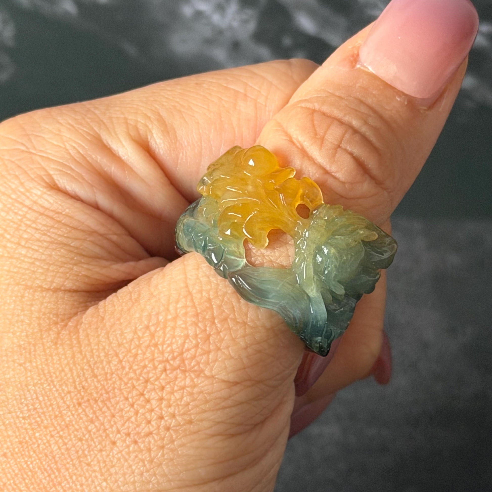 Xiu Jade Serpentine Hand Carved Spraying Fire Dragon Ring 18.4mm (US 8) : Natural Tri-colour Brown Yellow Green Jade Statement Ring Band Ring gift for her green jade carving yellow jade brown jade tri colour jade dragon carving hand engraved statement ring hand carved flower natural untreated jade handcrafted jade ring hallow out style 3D carving Stone carving Gemstone Carving dragon Lover gift jade cocktail ring jade band ring thumb ring