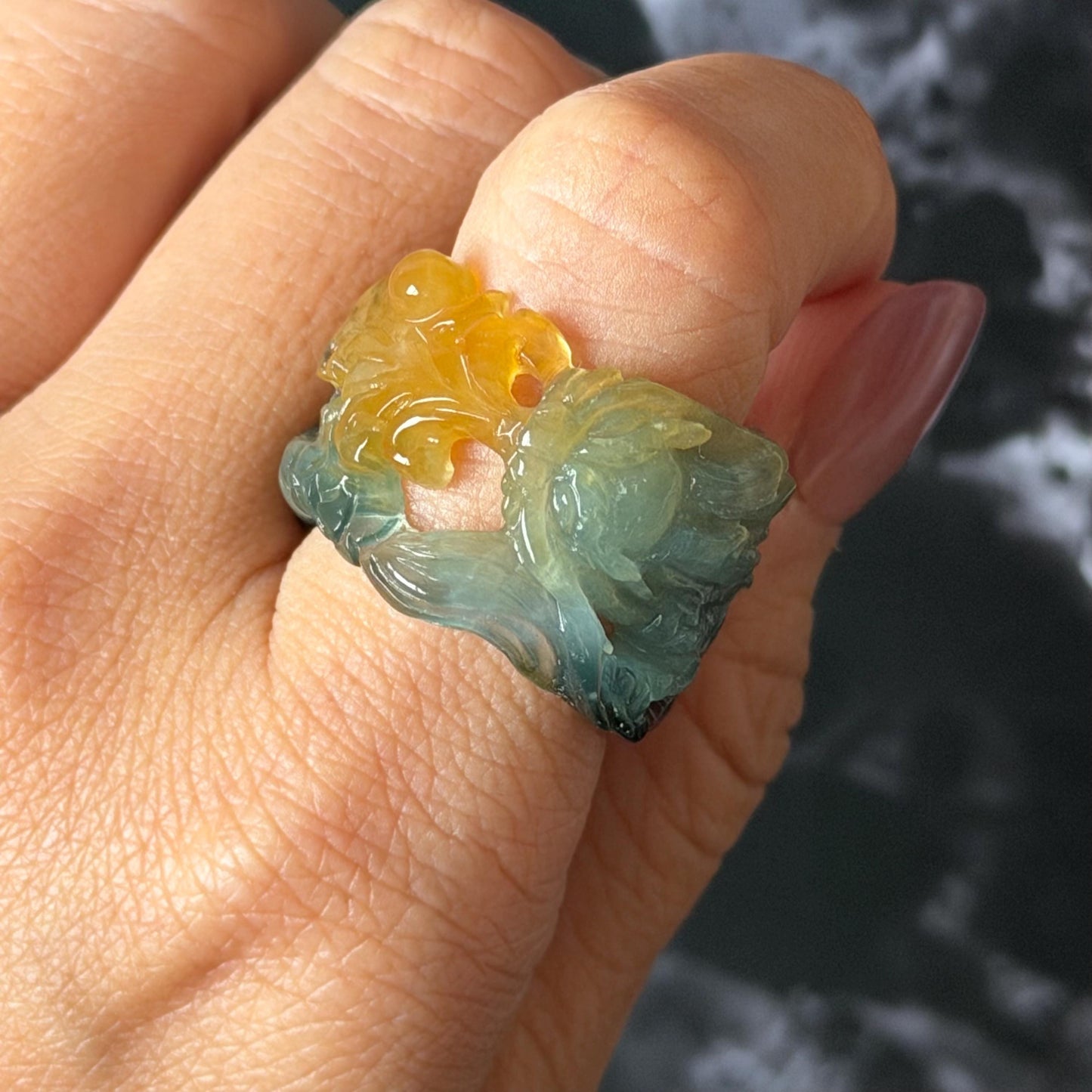 Xiu Jade Serpentine Hand Carved Spraying Fire Dragon Ring 18.4mm (US 8) : Natural Tri-colour Brown Yellow Green Jade Statement Ring Band Ring gift for her green jade carving yellow jade brown jade tri colour jade dragon carving hand engraved statement ring hand carved flower natural untreated jade handcrafted jade ring hallow out style 3D carving Stone carving Gemstone Carving dragon Lover gift jade cocktail ring jade band ring thumb ring