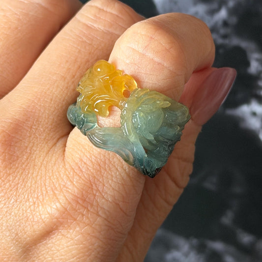 Xiu Jade Serpentine Hand Carved Spraying Fire Dragon Ring 18.4mm (US 8) : Natural Tri-colour Brown Yellow Green Jade Statement Ring Band Ring gift for her green jade carving yellow jade brown jade tri colour jade dragon carving hand engraved statement ring hand carved flower natural untreated jade handcrafted jade ring hallow out style 3D carving Stone carving Gemstone Carving dragon Lover gift jade cocktail ring jade band ring thumb ring