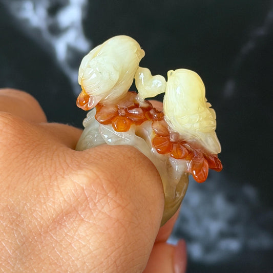 Natural Xiu Jade Serpentine Hand Carved Love Birds Ring 17.7mm (US 7.25): Bi-colour Caramel Brown White Jade 3D stone carving Statement Ring Band Ring gift for her brown jade carving white jade bi colour jade bird carving hand engraved statement ring flower carving hand carved flower natural untreated jade handcrafted jade ring 3D carving Stone carving Gemstone Carving Bird Lover gift jade cocktail ring jade band ring valentine gift anniversary gift wedding gift engagement gift