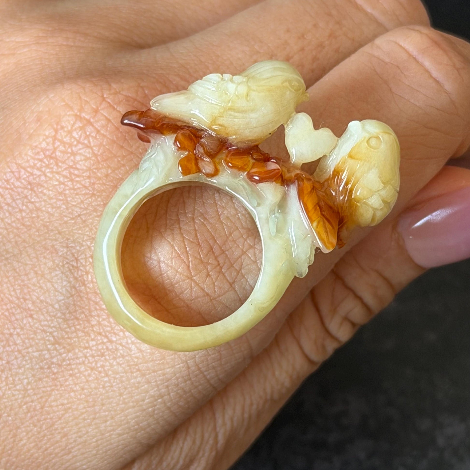 Natural Xiu Jade Serpentine Hand Carved Love Birds Ring 17.7mm (US 7.25): Bi-colour Caramel Brown White Jade 3D stone carving Statement Ring Band Ring gift for her brown jade carving white jade bi colour jade bird carving hand engraved statement ring flower carving hand carved flower natural untreated jade handcrafted jade ring 3D carving Stone carving Gemstone Carving Bird Lover gift jade cocktail ring jade band ring valentine gift anniversary gift wedding gift engagement gift