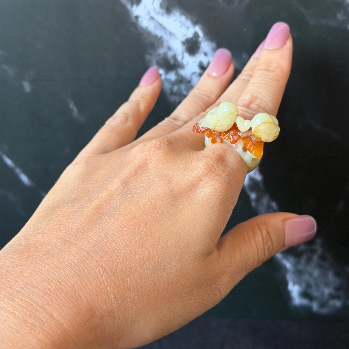 Natural Xiu Jade Serpentine Hand Carved Love Birds Ring 17.7mm (US 7.25): Bi-colour Caramel Brown White Jade 3D stone carving Statement Ring Band Ring gift for her brown jade carving white jade bi colour jade bird carving hand engraved statement ring flower carving hand carved flower natural untreated jade handcrafted jade ring 3D carving Stone carving Gemstone Carving Bird Lover gift jade cocktail ring jade band ring valentine gift anniversary gift wedding gift engagement gift