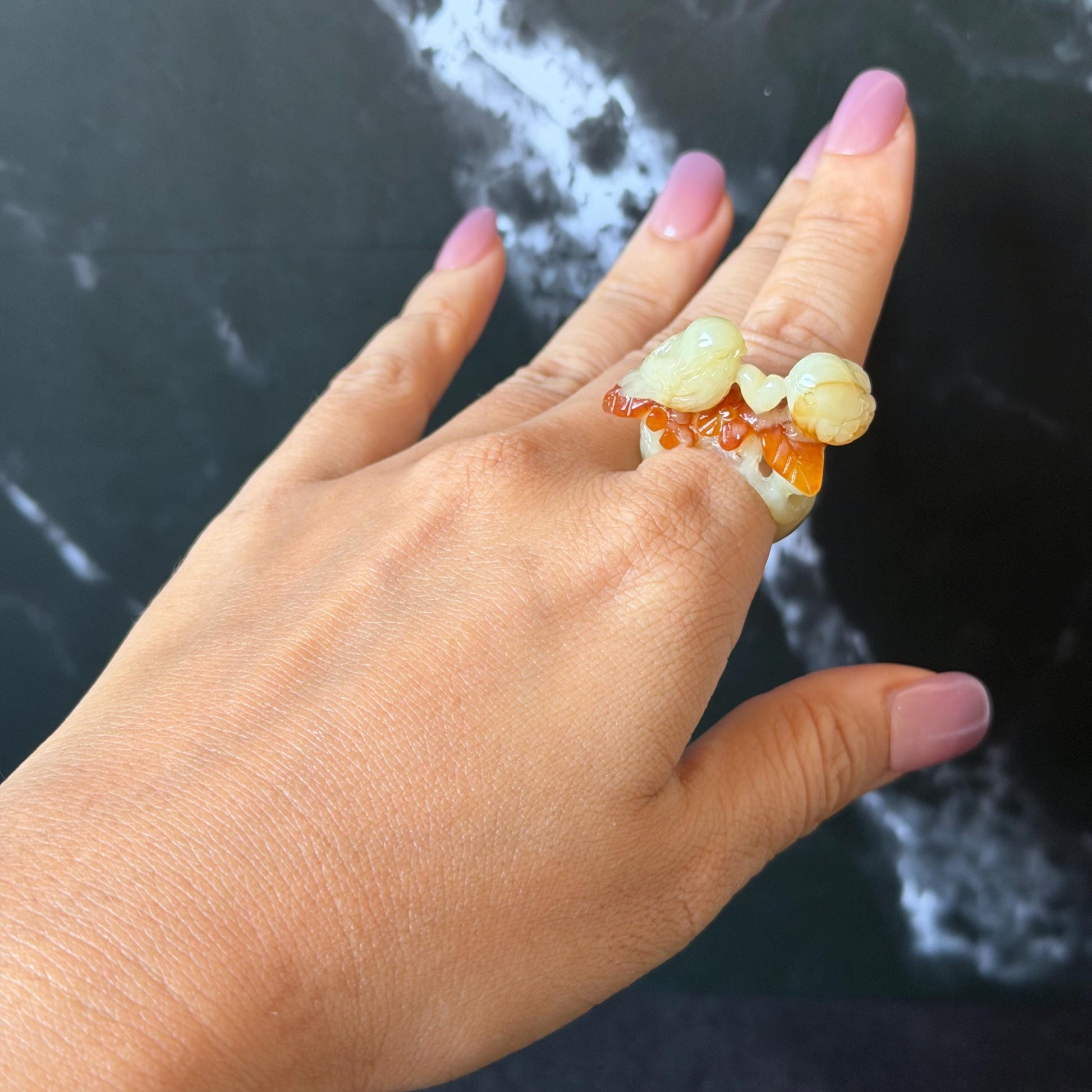 Natural Xiu Jade Serpentine Hand Carved Love Birds Ring 17.7mm (US 7.25): Bi-colour Caramel Brown White Jade 3D stone carving Statement Ring Band Ring gift for her brown jade carving white jade bi colour jade bird carving hand engraved statement ring flower carving hand carved flower natural untreated jade handcrafted jade ring 3D carving Stone carving Gemstone Carving Bird Lover gift jade cocktail ring jade band ring valentine gift anniversary gift wedding gift engagement gift