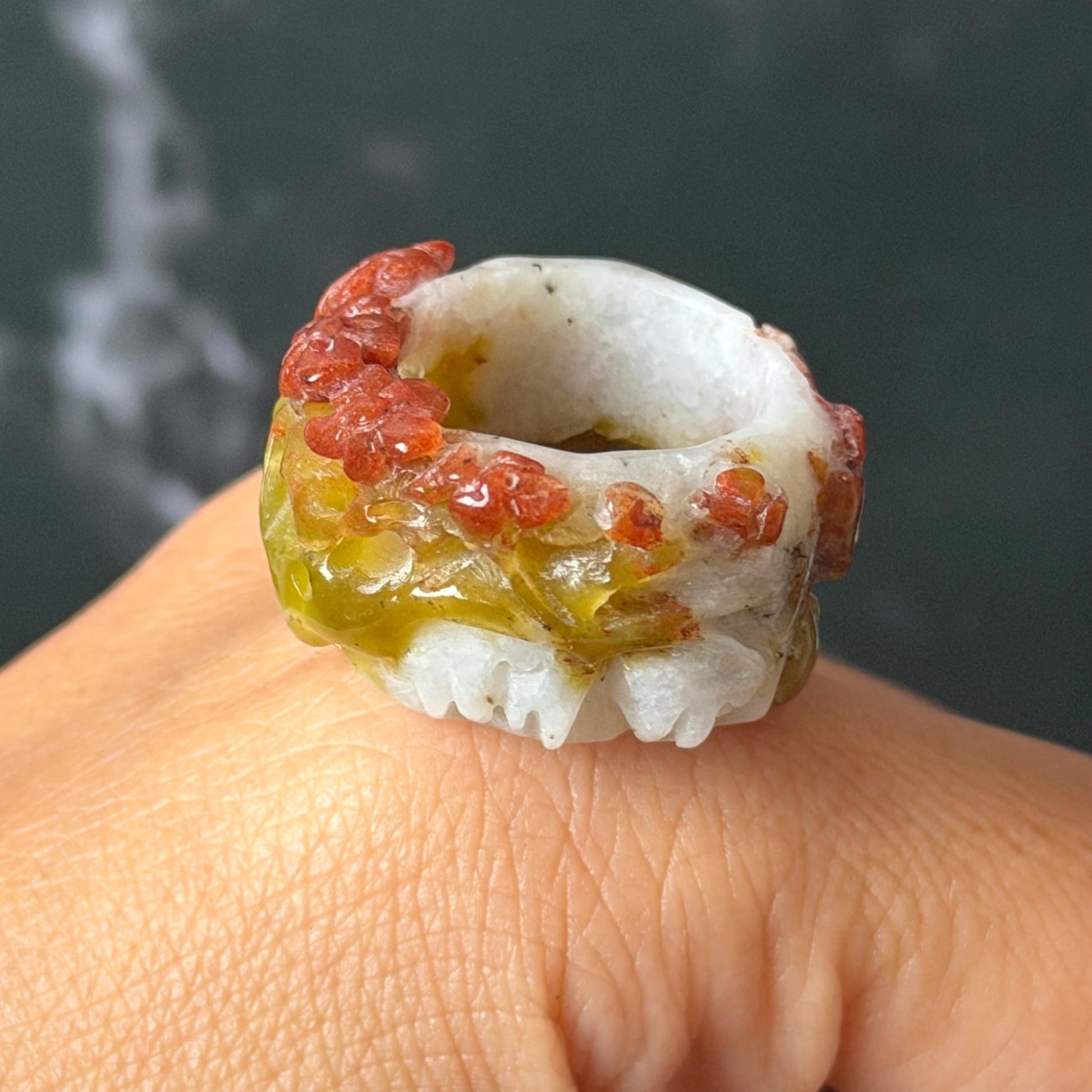 Xiu Jade Serpentine Hand Carved Plum Blossom Flowers in Snow Statement Ring 16.3mm (US 5.5) : Natural Tri-colour Red White Green Jade Pinky Ring Pendant Band Ring gift for her green jade carving white jade brown jade red jade tri colour jade flower carving hand engraved statement ring hand carved flower natural untreated jade handcrafted jade ring hallow out style 3D carving Stone carving Gemstone Carving Flower Lover gift jade cocktail ring jade band ring thumb ring