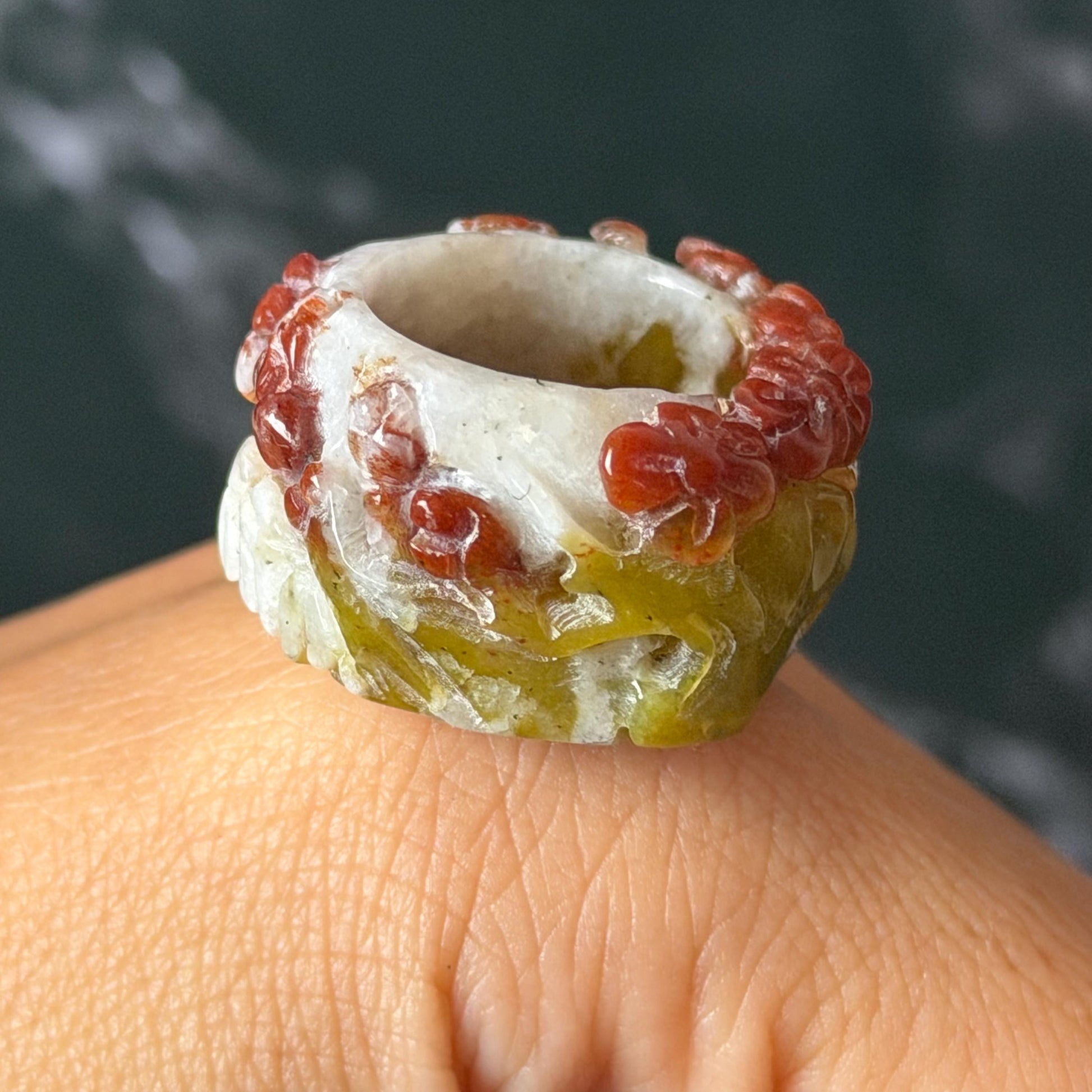 Xiu Jade Serpentine Hand Carved Plum Blossom Flowers in Snow Statement Ring 16.3mm (US 5.5) : Natural Tri-colour Red White Green Jade Pinky Ring Pendant Band Ring gift for her green jade carving white jade brown jade red jade tri colour jade flower carving hand engraved statement ring hand carved flower natural untreated jade handcrafted jade ring hallow out style 3D carving Stone carving Gemstone Carving Flower Lover gift jade cocktail ring jade band ring thumb ring
