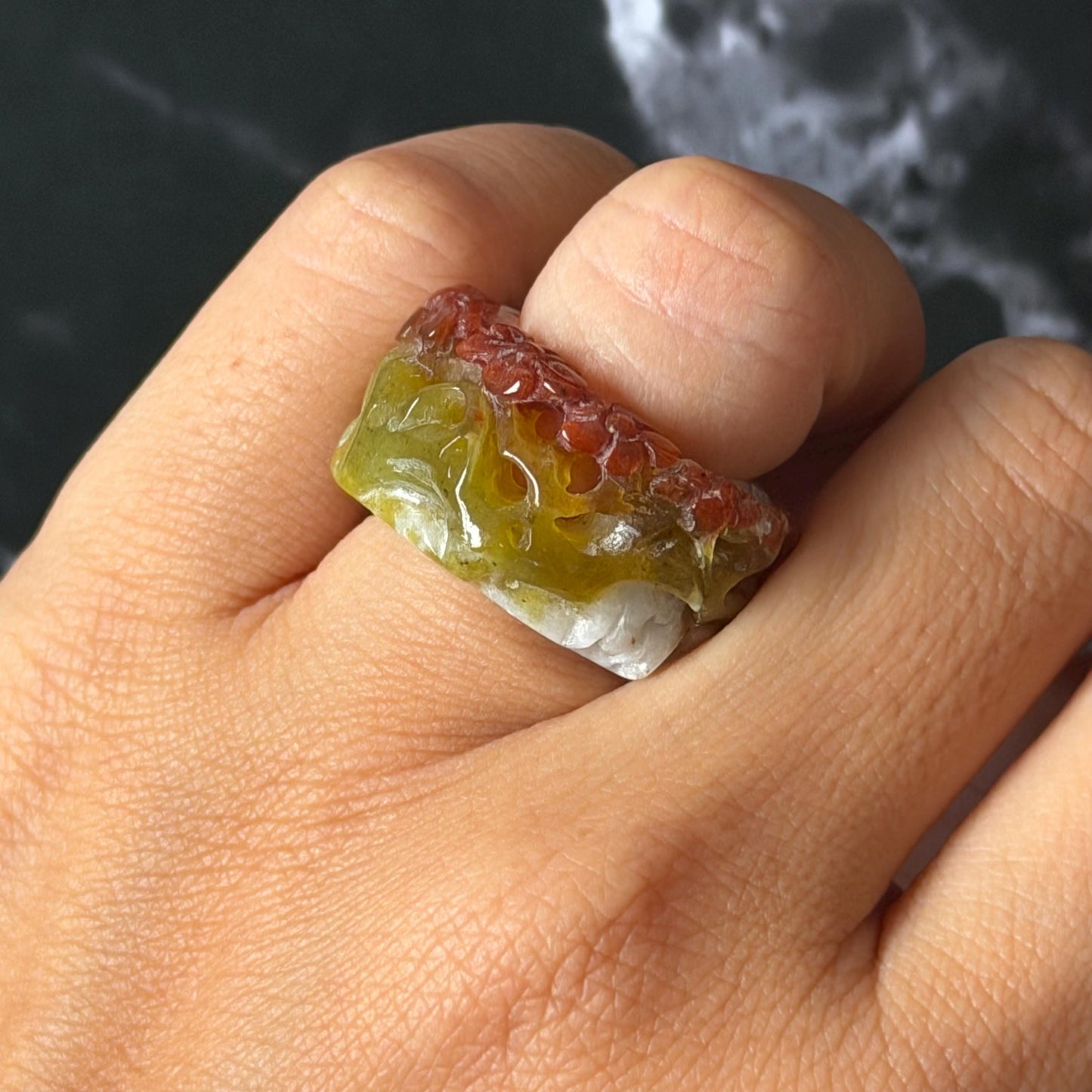 Xiu Jade Serpentine Hand Carved Plum Blossom Flowers in Snow Statement Ring 16.3mm (US 5.5) : Natural Tri-colour Red White Green Jade Pinky Ring Pendant Band Ring gift for her green jade carving white jade brown jade red jade tri colour jade flower carving hand engraved statement ring hand carved flower natural untreated jade handcrafted jade ring hallow out style 3D carving Stone carving Gemstone Carving Flower Lover gift jade cocktail ring jade band ring thumb ring