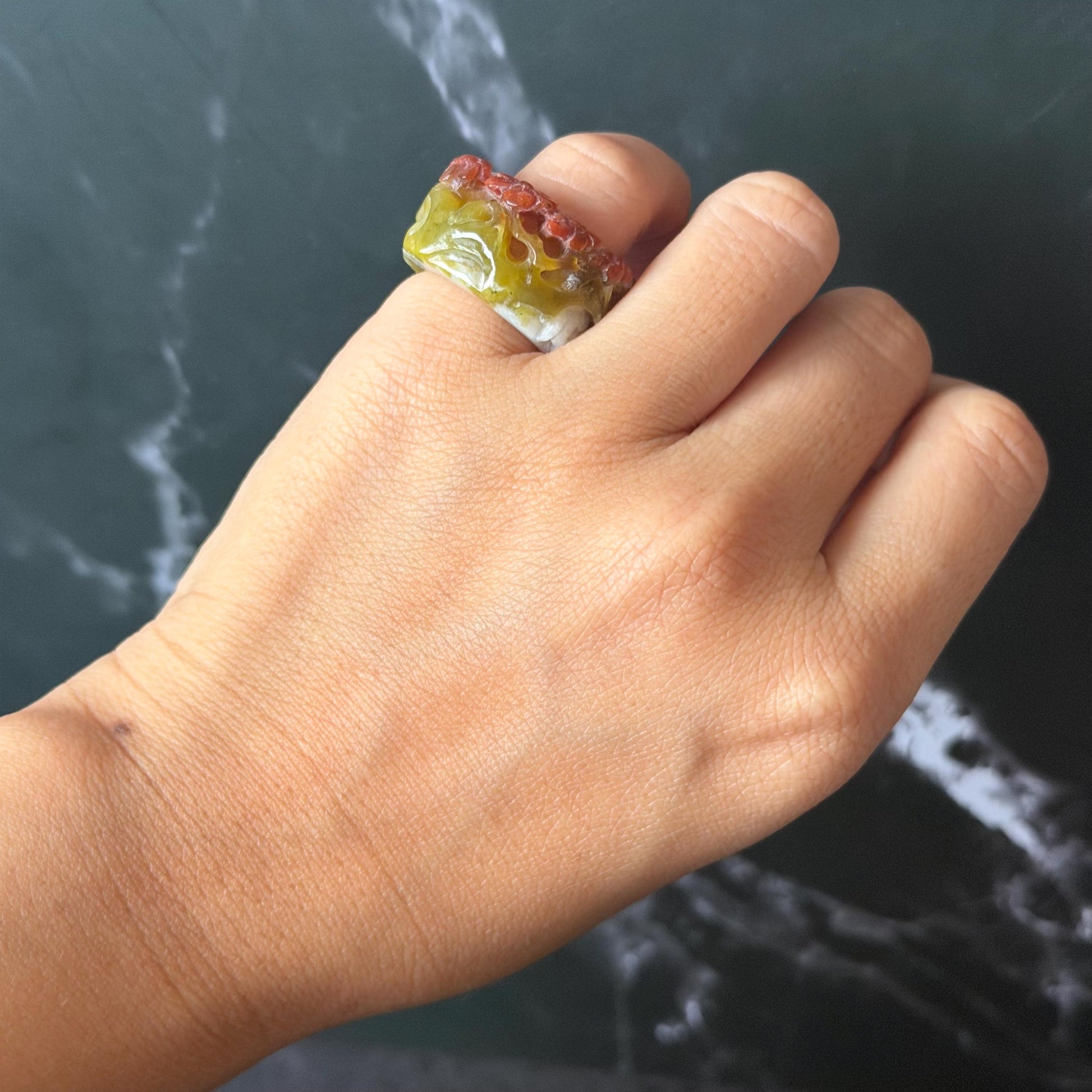 Xiu Jade Serpentine Hand Carved Plum Blossom Flowers in Snow Statement Ring 16.3mm (US 5.5) : Natural Tri-colour Red White Green Jade Pinky Ring Pendant Band Ring gift for her green jade carving white jade brown jade red jade tri colour jade flower carving hand engraved statement ring hand carved flower natural untreated jade handcrafted jade ring hallow out style 3D carving Stone carving Gemstone Carving Flower Lover gift jade cocktail ring jade band ring thumb ring