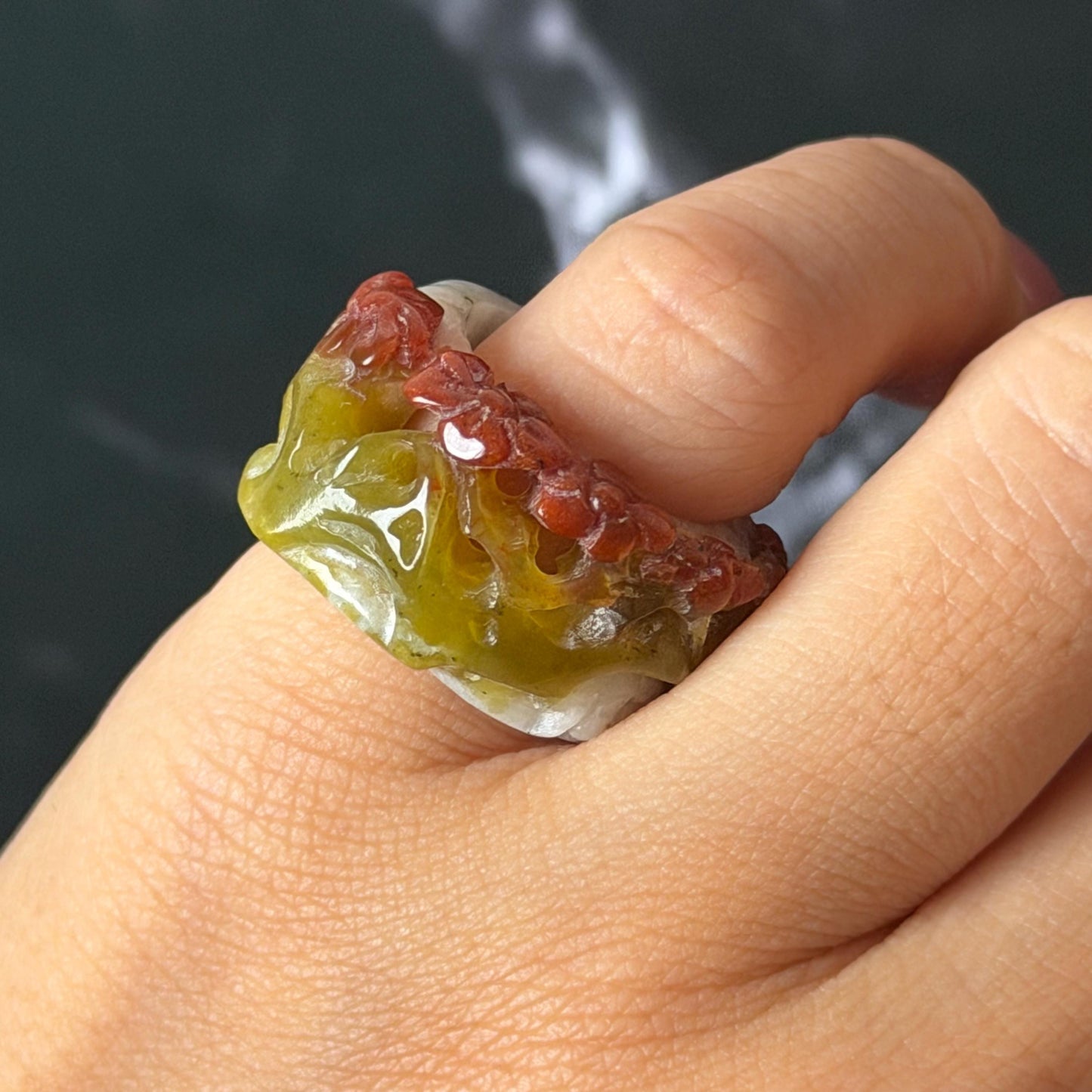 Xiu Jade Serpentine Hand Carved Plum Blossom Flowers in Snow Statement Ring 16.3mm (US 5.5) : Natural Tri-colour Red White Green Jade Pinky Ring Pendant Band Ring gift for her green jade carving white jade brown jade red jade tri colour jade flower carving hand engraved statement ring hand carved flower natural untreated jade handcrafted jade ring hallow out style 3D carving Stone carving Gemstone Carving Flower Lover gift jade cocktail ring jade band ring thumb ring