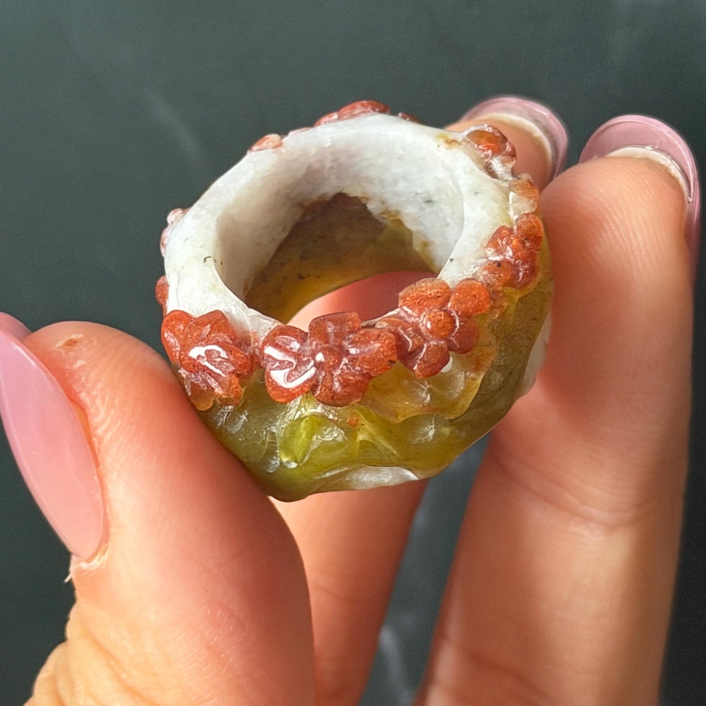 Xiu Jade Serpentine Hand Carved Plum Blossom Flowers in Snow Statement Ring 16.3mm (US 5.5) : Natural Tri-colour Red White Green Jade Pinky Ring Pendant Band Ring gift for her green jade carving white jade brown jade red jade tri colour jade flower carving hand engraved statement ring hand carved flower natural untreated jade handcrafted jade ring hallow out style 3D carving Stone carving Gemstone Carving Flower Lover gift jade cocktail ring jade band ring thumb ring