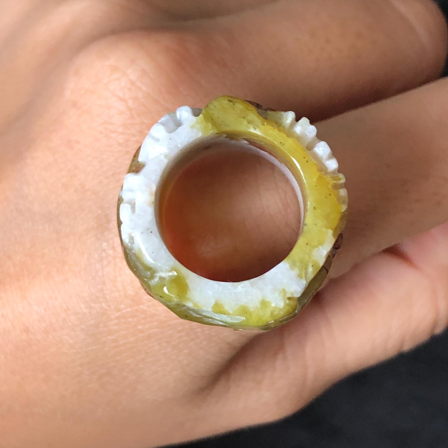 Xiu Jade Serpentine Hand Carved Plum Blossom Flowers in Snow Statement Ring 16.3mm (US 5.5) : Natural Tri-colour Red White Green Jade Pinky Ring Pendant Band Ring gift for her green jade carving white jade brown jade red jade tri colour jade flower carving hand engraved statement ring hand carved flower natural untreated jade handcrafted jade ring hallow out style 3D carving Stone carving Gemstone Carving Flower Lover gift jade cocktail ring jade band ring thumb ring