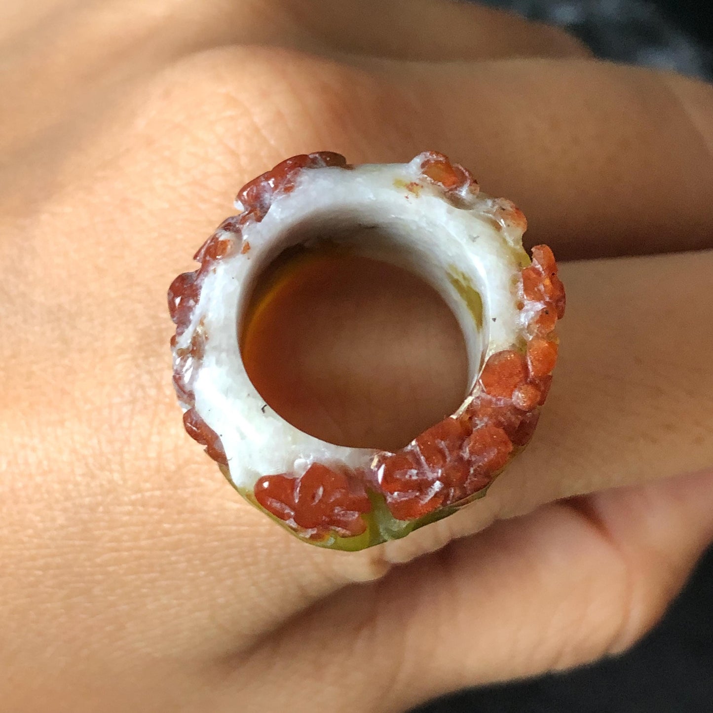 Xiu Jade Serpentine Hand Carved Plum Blossom Flowers in Snow Statement Ring 16.3mm (US 5.5) : Natural Tri-colour Red White Green Jade Pinky Ring Pendant Band Ring gift for her green jade carving white jade brown jade red jade tri colour jade flower carving hand engraved statement ring hand carved flower natural untreated jade handcrafted jade ring hallow out style 3D carving Stone carving Gemstone Carving Flower Lover gift jade cocktail ring jade band ring thumb ring