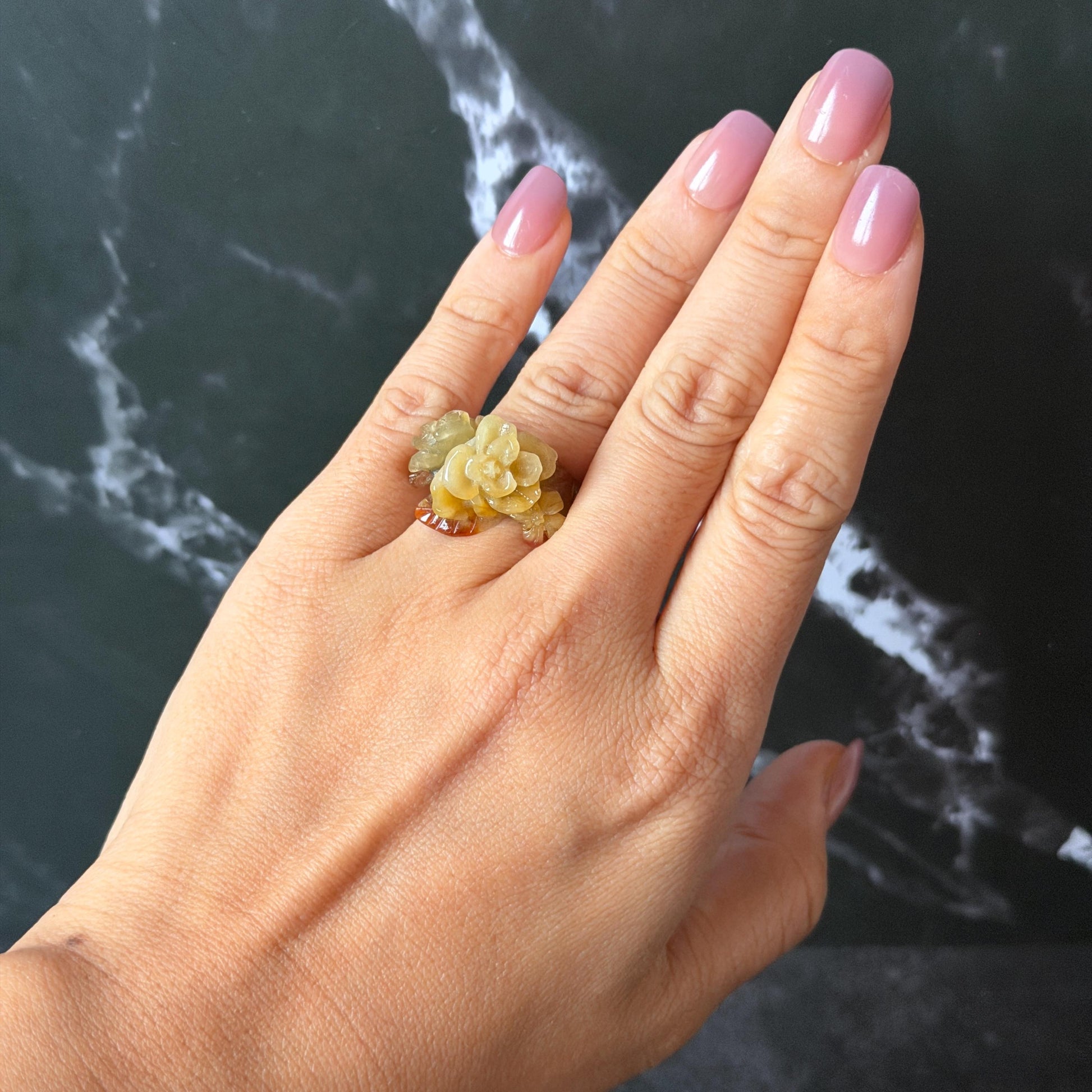 Xiu Jade (Serpentine) Hand Carved Blooming Flowers Statement Ring 15.3mm (US 4.25): Natural Bi-colour Brown Yellow Jade Pinky Ring for Women Ring Pendant Band Ring gift for her green jade carving yellow jade bi colour jade flower carving hand engraved statement ring hand carved flower natural untreated jade handcrafted jade ring hallow out style 3D carving Stone carving Gemstone Carving Flower Lover gift jade cocktail ring jade band ring