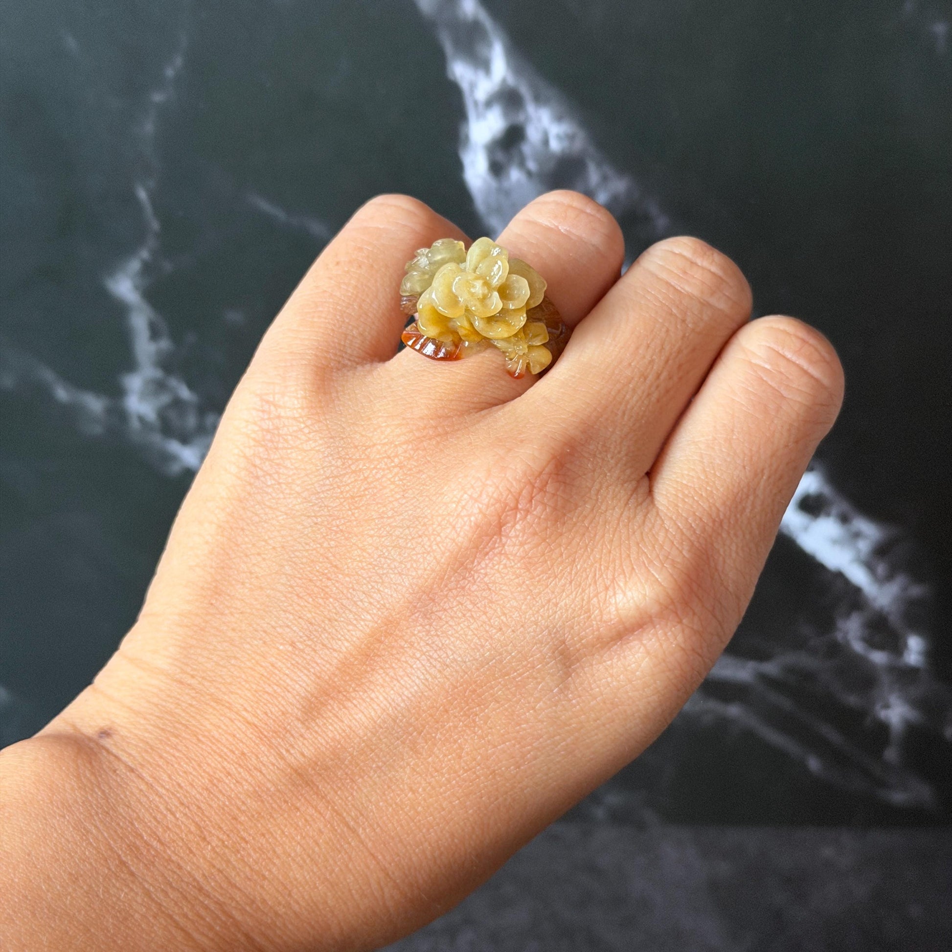 Xiu Jade (Serpentine) Hand Carved Blooming Flowers Statement Ring 15.3mm (US 4.25): Natural Bi-colour Brown Yellow Jade Pinky Ring for Women Ring Pendant Band Ring gift for her green jade carving yellow jade bi colour jade flower carving hand engraved statement ring hand carved flower natural untreated jade handcrafted jade ring hallow out style 3D carving Stone carving Gemstone Carving Flower Lover gift jade cocktail ring jade band ring