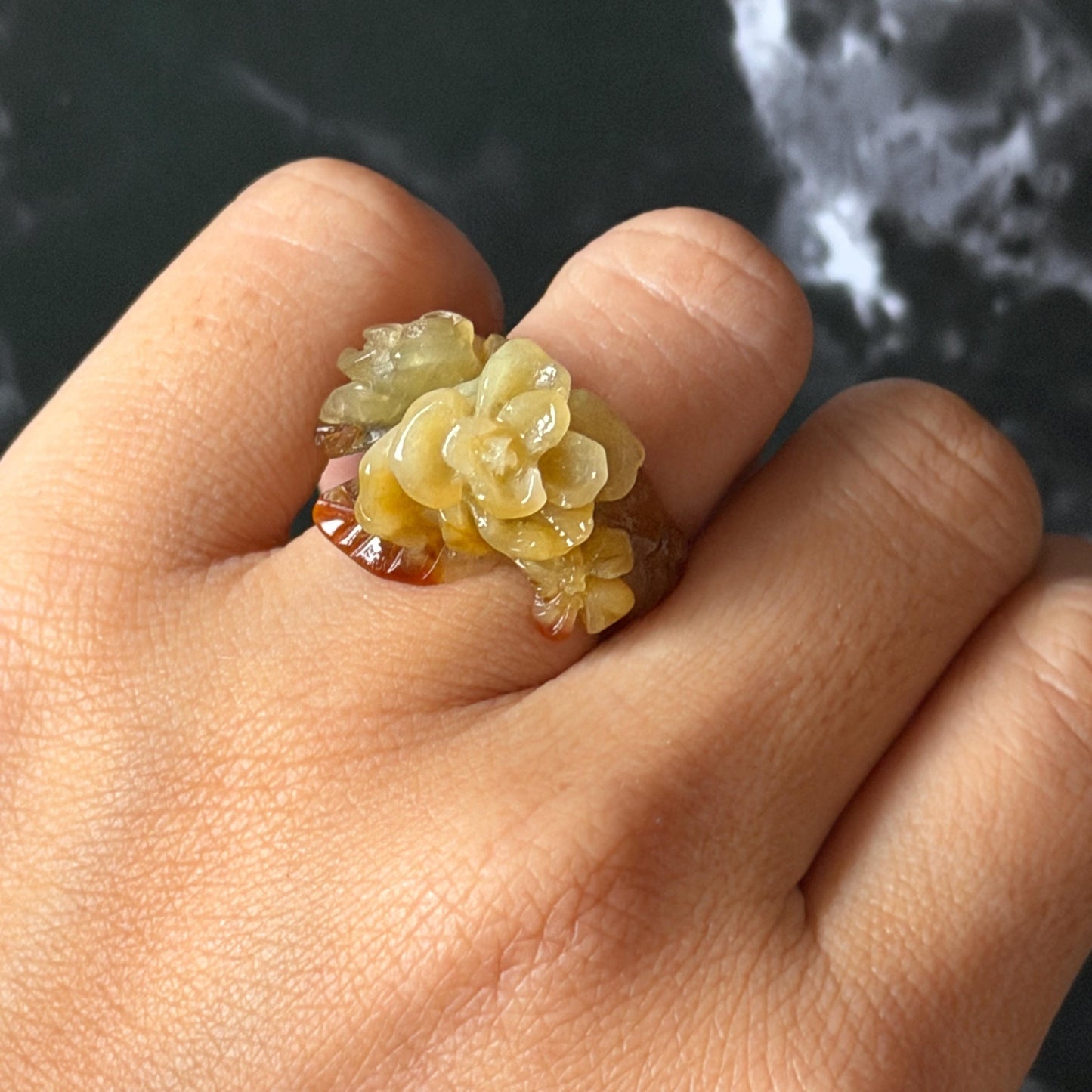 Xiu Jade (Serpentine) Hand Carved Blooming Flowers Statement Ring 15.3mm (US 4.25): Natural Bi-colour Brown Yellow Jade Pinky Ring for Women Ring Pendant Band Ring gift for her green jade carving yellow jade bi colour jade flower carving hand engraved statement ring hand carved flower natural untreated jade handcrafted jade ring hallow out style 3D carving Stone carving Gemstone Carving Flower Lover gift jade cocktail ring jade band ring