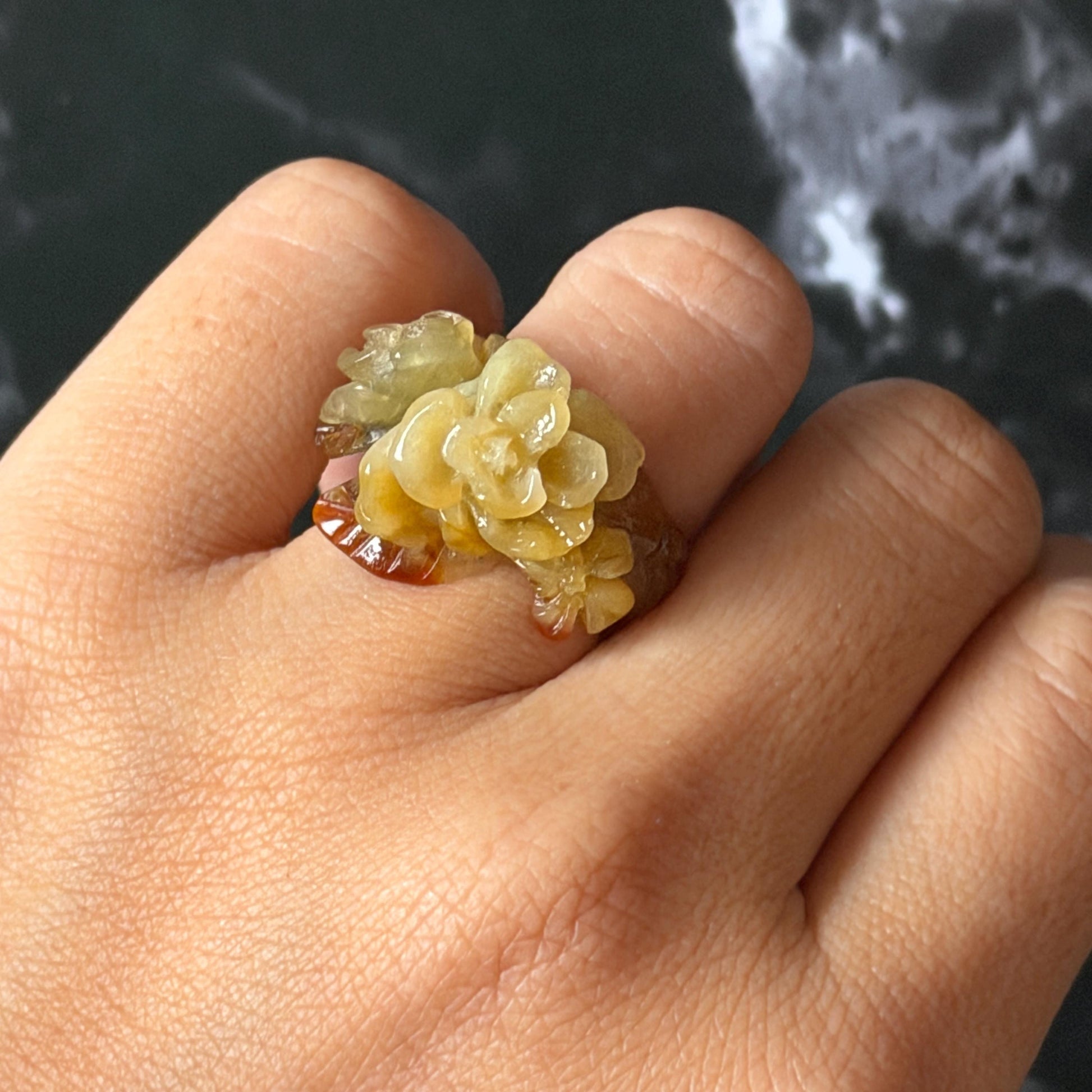 Xiu Jade (Serpentine) Hand Carved Blooming Flowers Statement Ring 15.3mm (US 4.25): Natural Bi-colour Brown Yellow Jade Pinky Ring for Women Ring Pendant Band Ring gift for her green jade carving yellow jade bi colour jade flower carving hand engraved statement ring hand carved flower natural untreated jade handcrafted jade ring hallow out style 3D carving Stone carving Gemstone Carving Flower Lover gift jade cocktail ring jade band ring