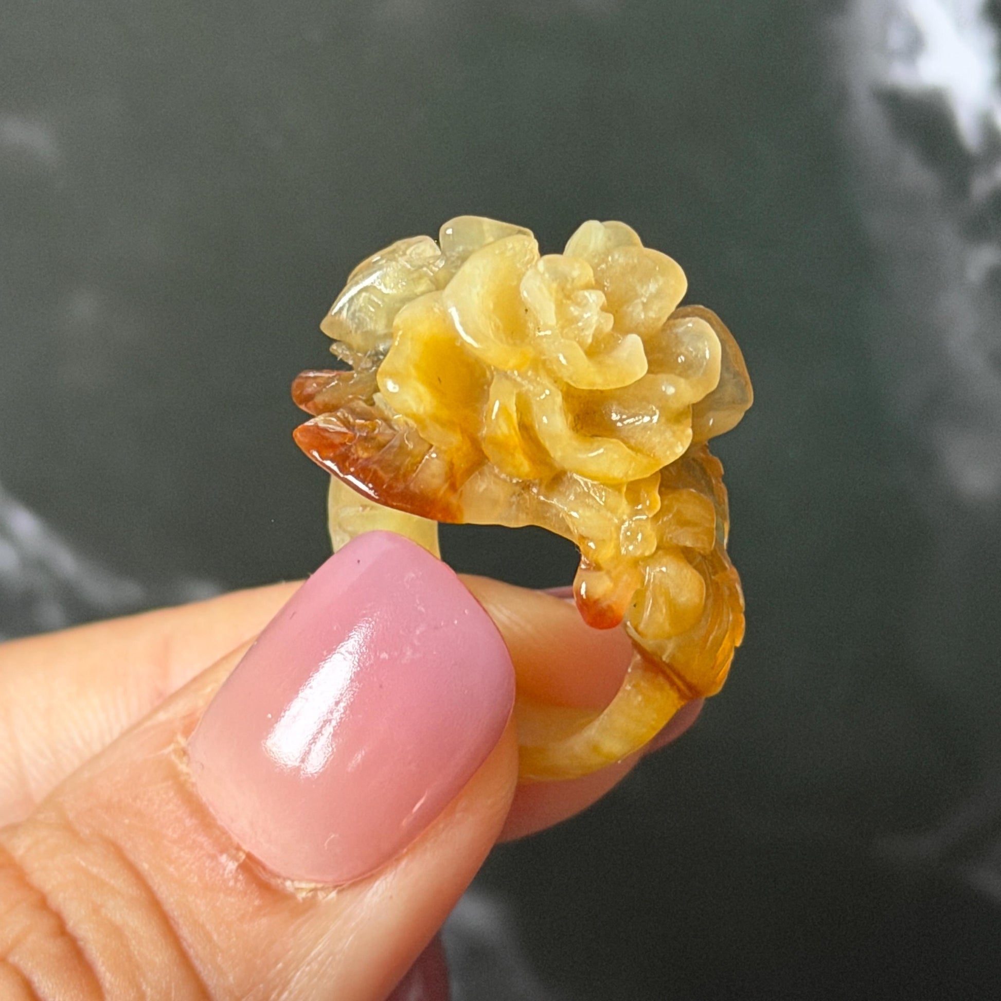 Xiu Jade (Serpentine) Hand Carved Blooming Flowers Statement Ring 15.3mm (US 4.25): Natural Bi-colour Brown Yellow Jade Pinky Ring for Women Ring Pendant Band Ring gift for her green jade carving yellow jade bi colour jade flower carving hand engraved statement ring hand carved flower natural untreated jade handcrafted jade ring hallow out style 3D carving Stone carving Gemstone Carving Flower Lover gift jade cocktail ring jade band ring