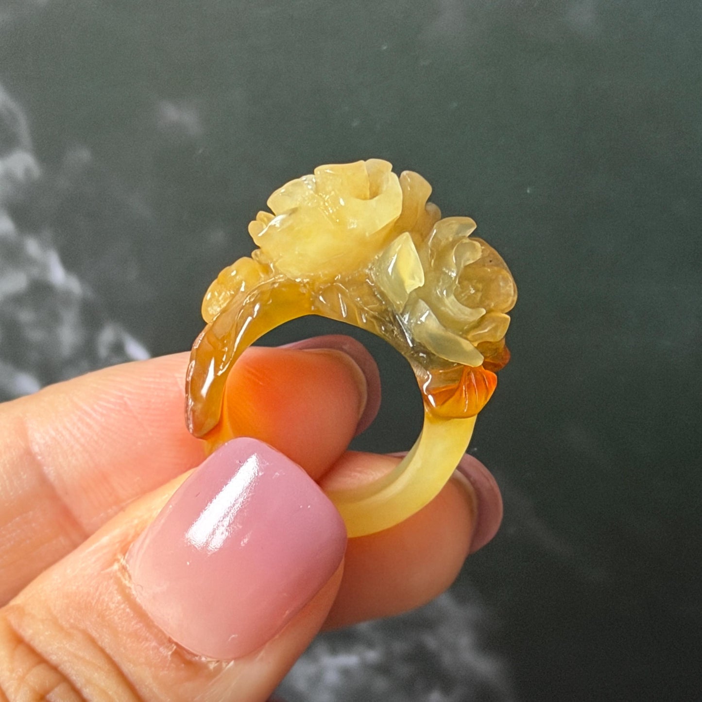 Xiu Jade (Serpentine) Hand Carved Blooming Flowers Statement Ring 15.3mm (US 4.25): Natural Bi-colour Brown Yellow Jade Pinky Ring for Women Ring Pendant Band Ring gift for her green jade carving yellow jade bi colour jade flower carving hand engraved statement ring hand carved flower natural untreated jade handcrafted jade ring hallow out style 3D carving Stone carving Gemstone Carving Flower Lover gift jade cocktail ring jade band ring