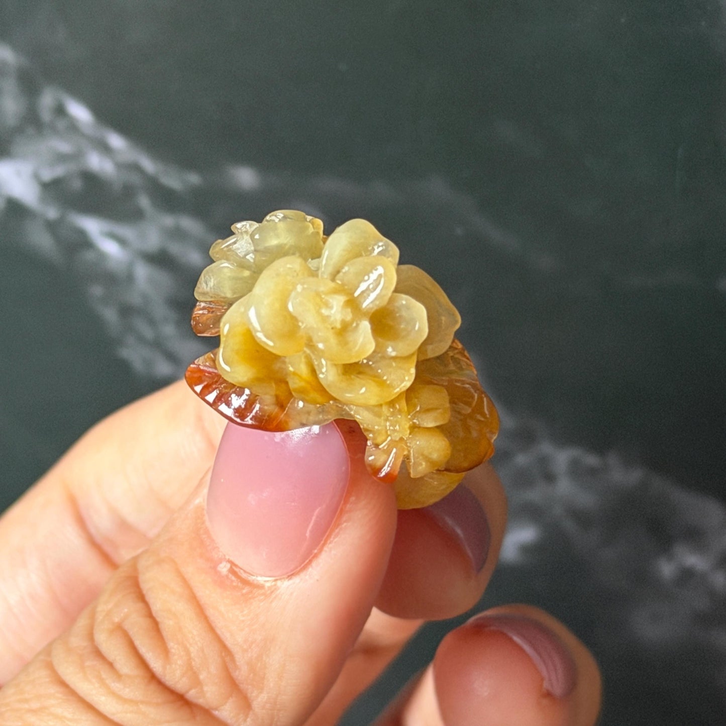 Xiu Jade (Serpentine) Hand Carved Blooming Flowers Statement Ring 15.3mm (US 4.25): Natural Bi-colour Brown Yellow Jade Pinky Ring for Women Ring Pendant Band Ring gift for her green jade carving yellow jade bi colour jade flower carving hand engraved statement ring hand carved flower natural untreated jade handcrafted jade ring hallow out style 3D carving Stone carving Gemstone Carving Flower Lover gift jade cocktail ring jade band ring