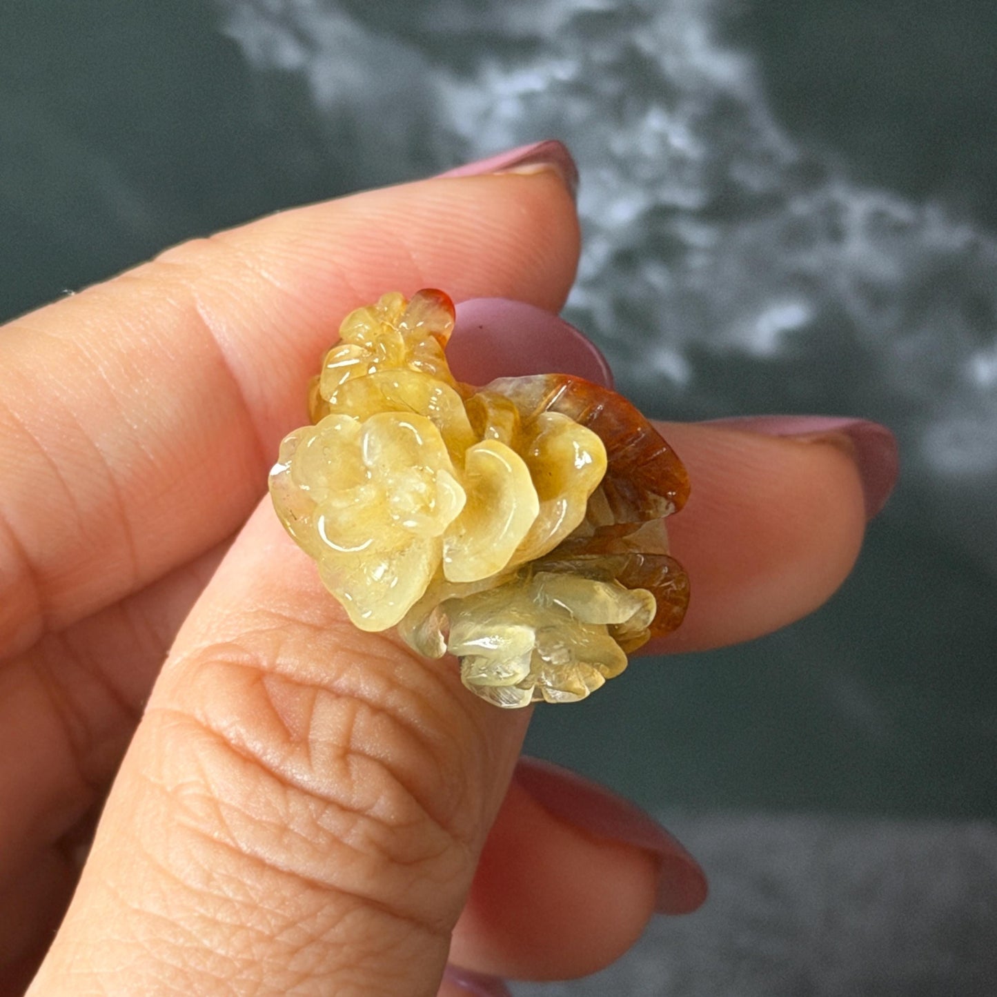 Xiu Jade (Serpentine) Hand Carved Blooming Flowers Statement Ring 15.3mm (US 4.25): Natural Bi-colour Brown Yellow Jade Pinky Ring for Women Ring Pendant Band Ring gift for her green jade carving yellow jade bi colour jade flower carving hand engraved statement ring hand carved flower natural untreated jade handcrafted jade ring hallow out style 3D carving Stone carving Gemstone Carving Flower Lover gift jade cocktail ring jade band ring