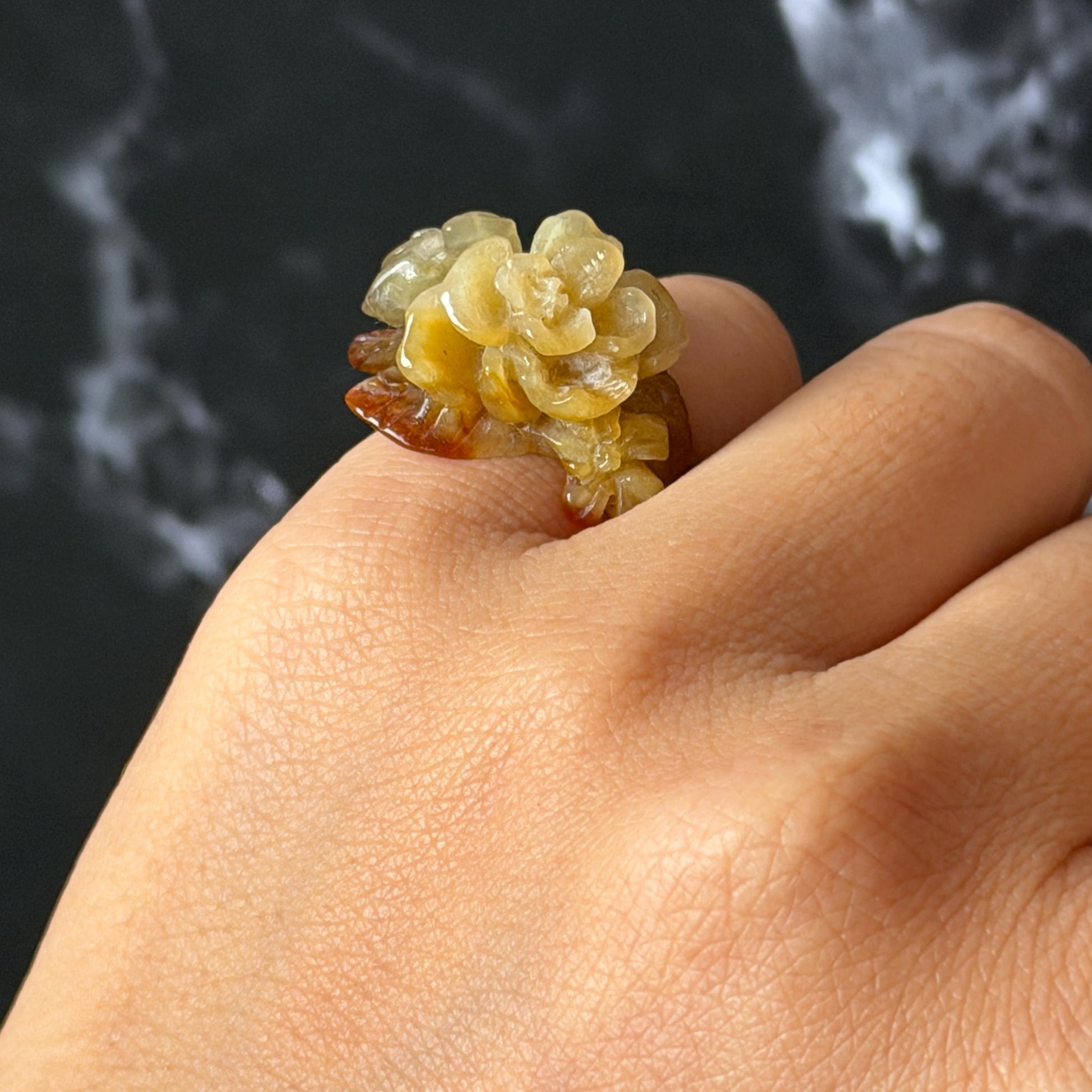 Xiu Jade (Serpentine) Hand Carved Blooming Flowers Statement Ring 15.3mm (US 4.25): Natural Bi-colour Brown Yellow Jade Pinky Ring for Women Ring Pendant Band Ring gift for her green jade carving yellow jade bi colour jade flower carving hand engraved statement ring hand carved flower natural untreated jade handcrafted jade ring hallow out style 3D carving Stone carving Gemstone Carving Flower Lover gift jade cocktail ring jade band ring