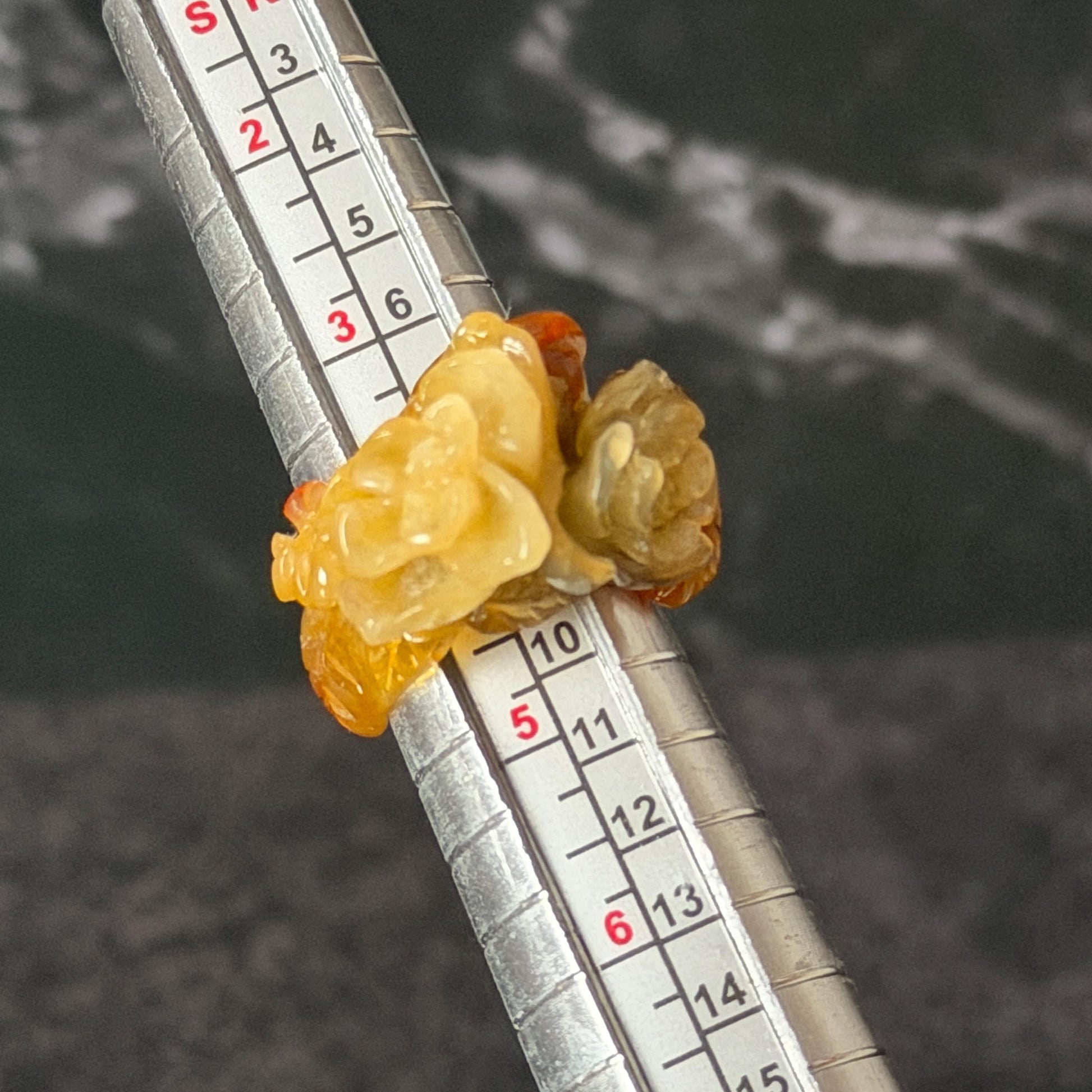 Xiu Jade (Serpentine) Hand Carved Blooming Flowers Statement Ring 15.3mm (US 4.25): Natural Bi-colour Brown Yellow Jade Pinky Ring