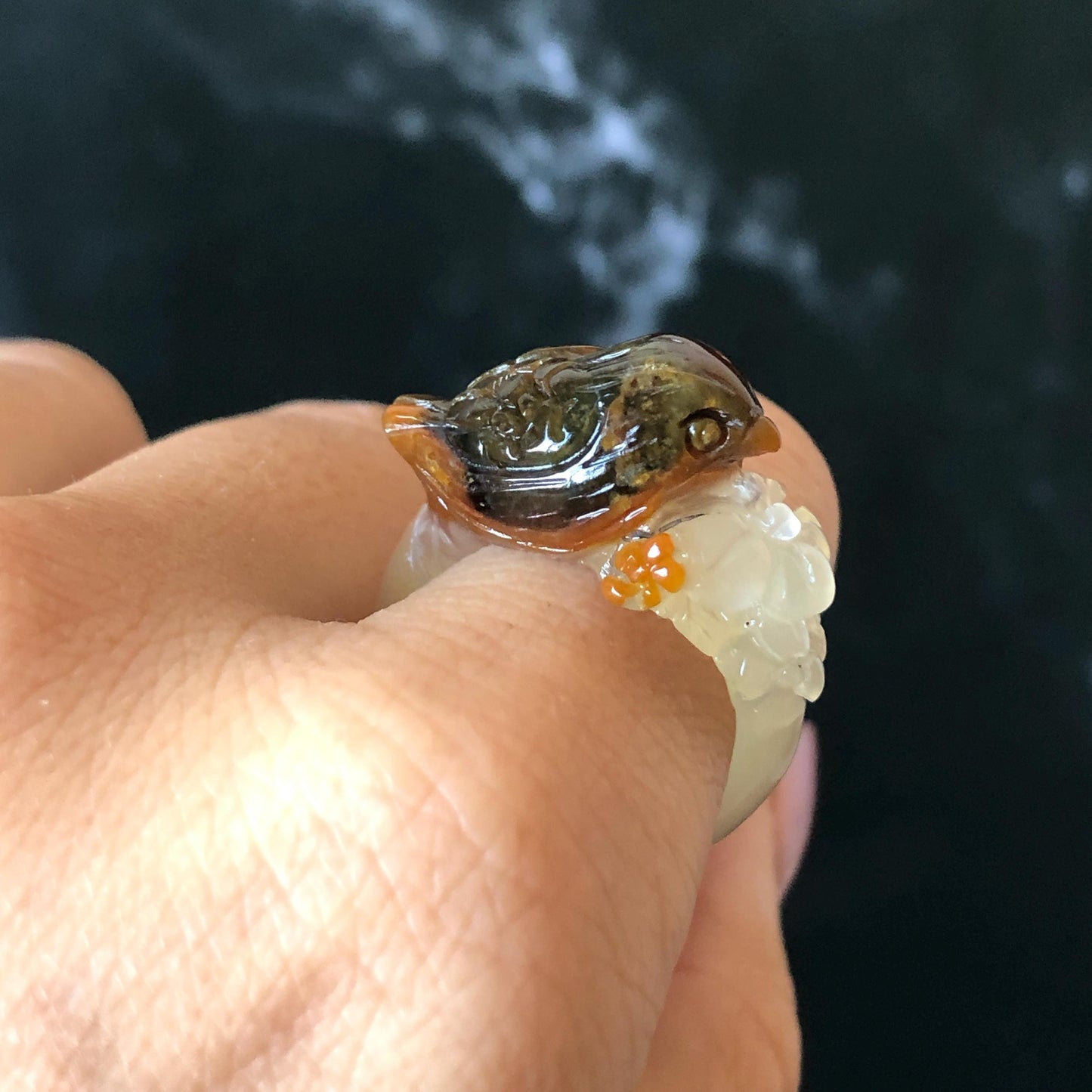 Xiu Jade (Serpentine) Hand Carved Bird and Flower Statement Ring 17.3mm (US 7): Natural Brown Green White Jade Ring Band Ring gift for her brown jade carving white jade multi colour jade bird carving hand engraved statement ring flower carving hand carved flower natural untreated jade handcrafted jade ring 3D carving Stone carving Gemstone Carving Bird Lover gift jade cocktail ring jade band ring green jade