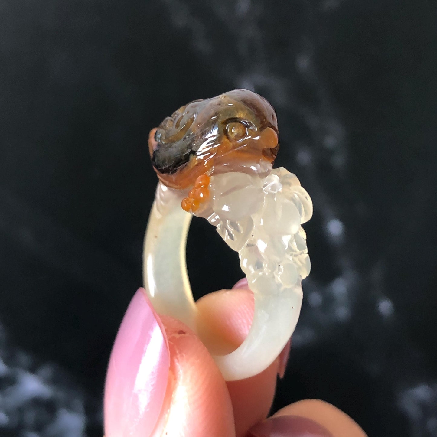 Xiu Jade (Serpentine) Hand Carved Bird and Flower Statement Ring 17.3mm (US 7): Natural Brown Green White Jade Ring Band Ring gift for her brown jade carving white jade multi colour jade bird carving hand engraved statement ring flower carving hand carved flower natural untreated jade handcrafted jade ring 3D carving Stone carving Gemstone Carving Bird Lover gift jade cocktail ring jade band ring green jade