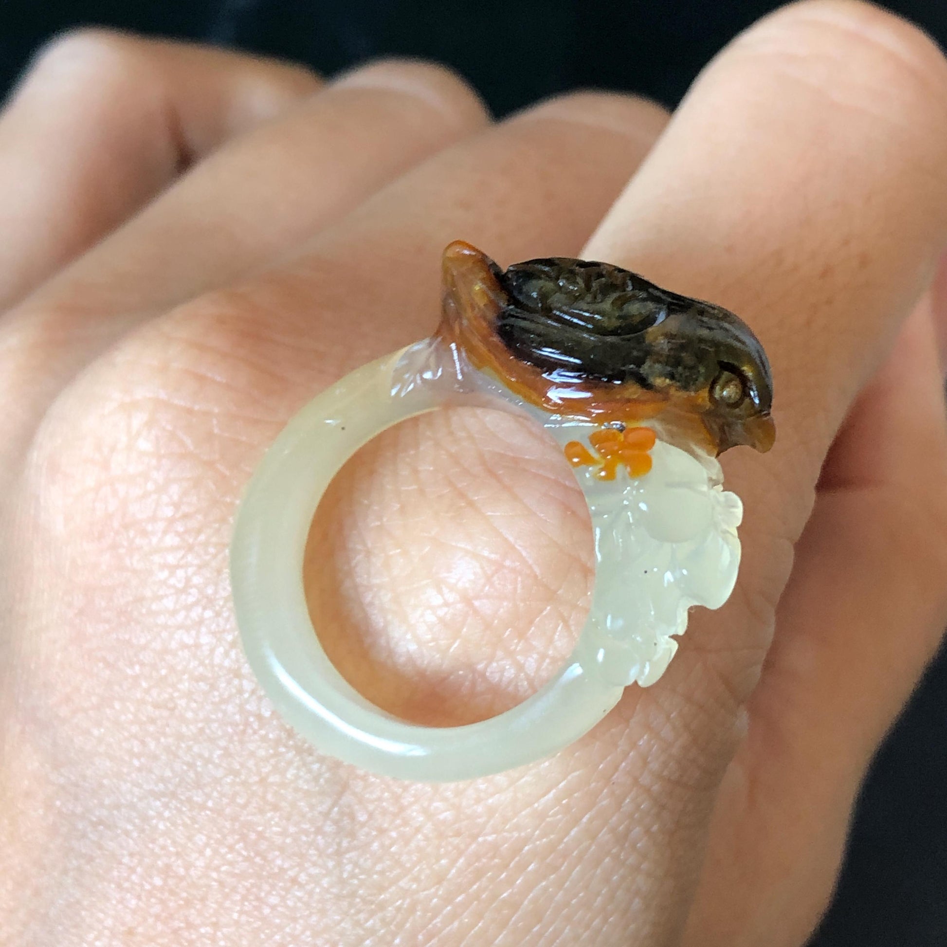 Xiu Jade (Serpentine) Hand Carved Bird and Flower Statement Ring 17.3mm (US 7): Natural Brown Green White Jade Ring Band Ring gift for her brown jade carving white jade multi colour jade bird carving hand engraved statement ring flower carving hand carved flower natural untreated jade handcrafted jade ring 3D carving Stone carving Gemstone Carving Bird Lover gift jade cocktail ring jade band ring green jade