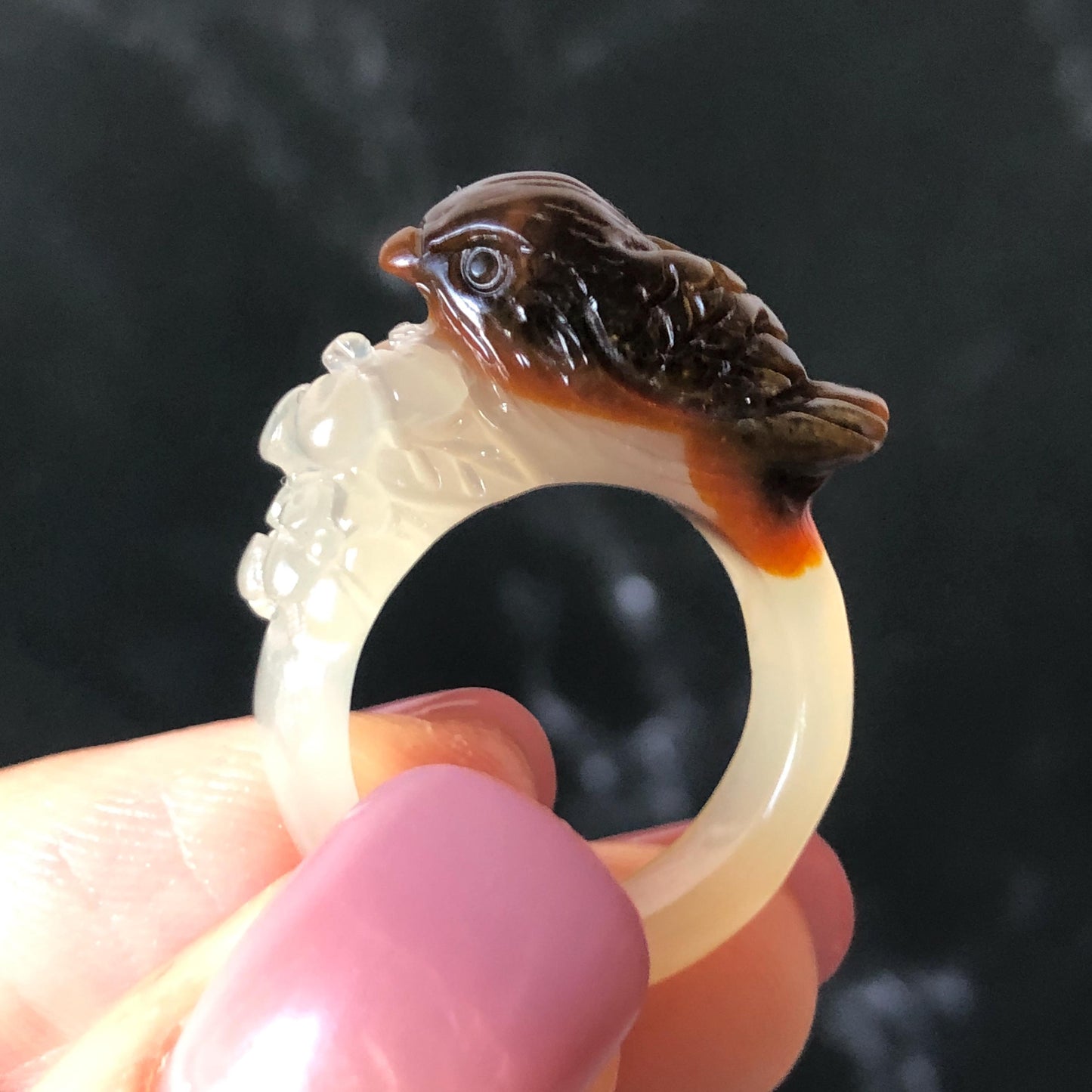 Xiu Jade (Serpentine) Hand Carved Bird and Flower Statement Ring 17.3mm (US 7): Natural Brown Green White Jade Ring Band Ring gift for her brown jade carving white jade multi colour jade bird carving hand engraved statement ring flower carving hand carved flower natural untreated jade handcrafted jade ring 3D carving Stone carving Gemstone Carving Bird Lover gift jade cocktail ring jade band ring green jade