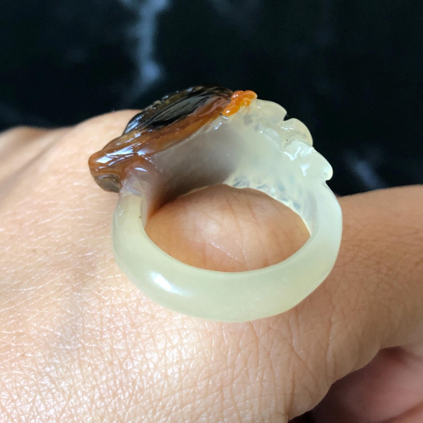 Xiu Jade (Serpentine) Hand Carved Bird and Flower Statement Ring 17.3mm (US 7): Natural Brown Green White Jade Ring Band Ring gift for her brown jade carving white jade multi colour jade bird carving hand engraved statement ring flower carving hand carved flower natural untreated jade handcrafted jade ring 3D carving Stone carving Gemstone Carving Bird Lover gift jade cocktail ring jade band ring green jade