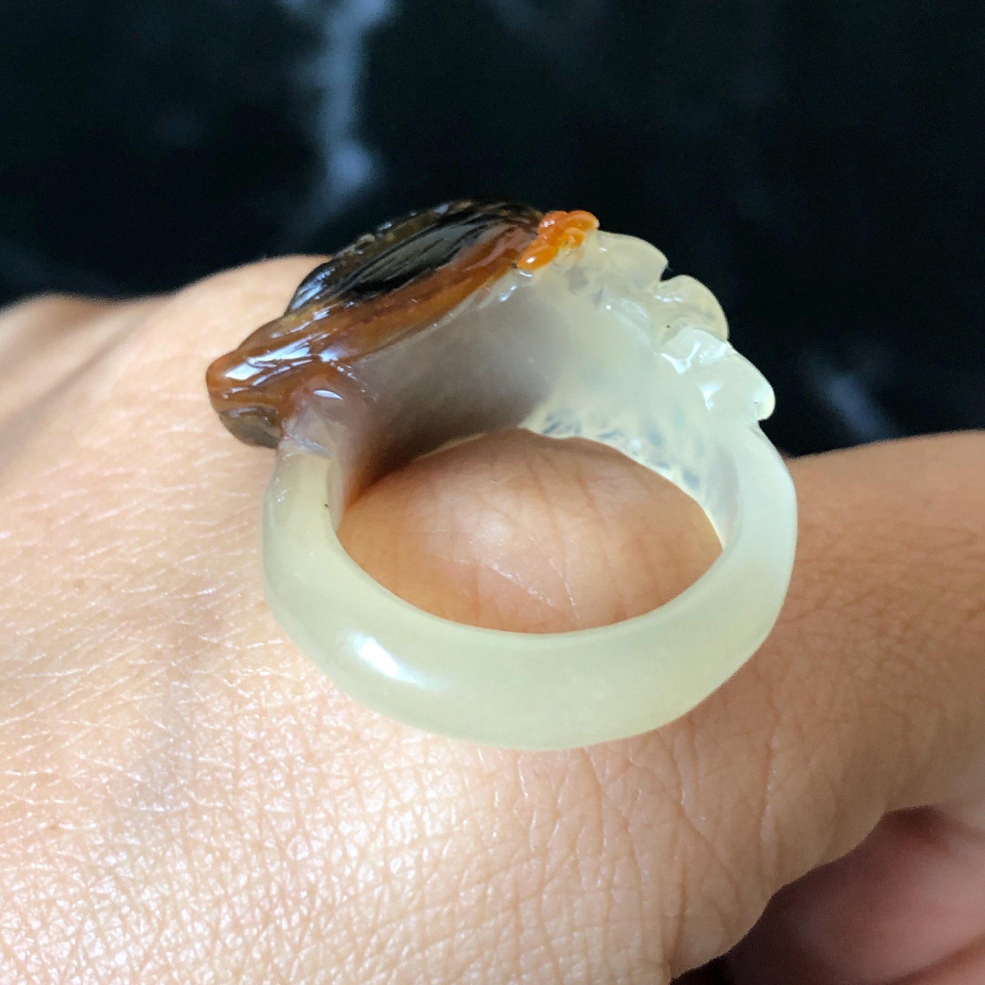 Xiu Jade (Serpentine) Hand Carved Bird and Flower Statement Ring 17.3mm (US 7): Natural Brown Green White Jade Ring Band Ring gift for her brown jade carving white jade multi colour jade bird carving hand engraved statement ring flower carving hand carved flower natural untreated jade handcrafted jade ring 3D carving Stone carving Gemstone Carving Bird Lover gift jade cocktail ring jade band ring green jade