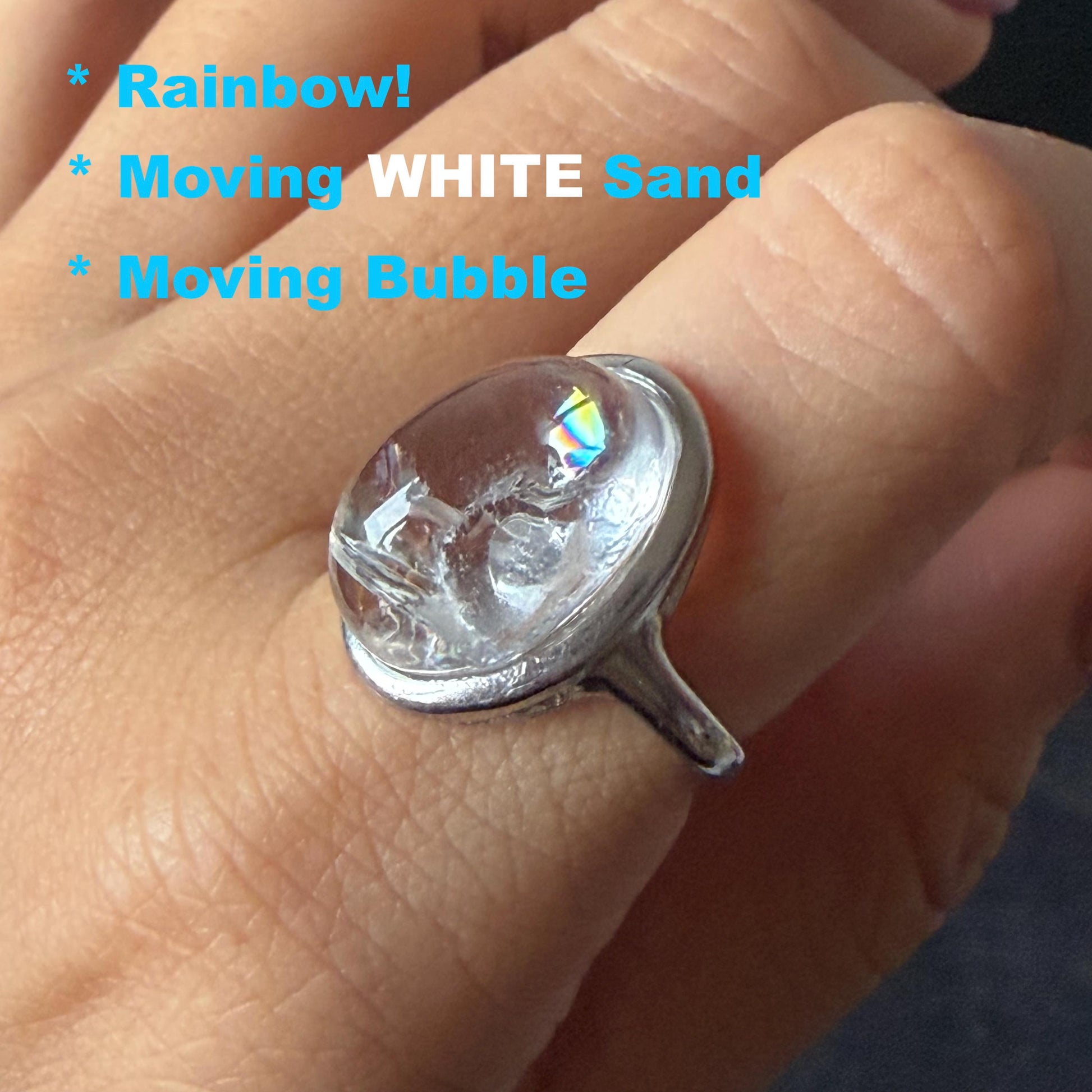 Rare-find! Polished Enhydro Quartz (Herkimer Diamond) S925 Silver Adjustable Ring: Rainbow! Moving White Sand & Big Clear Bubble Statement Ring for Women ring crystal band ring crystal cocktail ring crystal stackable ring 7 chakra crystal ring meditation crystal healing stone birthstone silver ring ring for men rainbow quartz