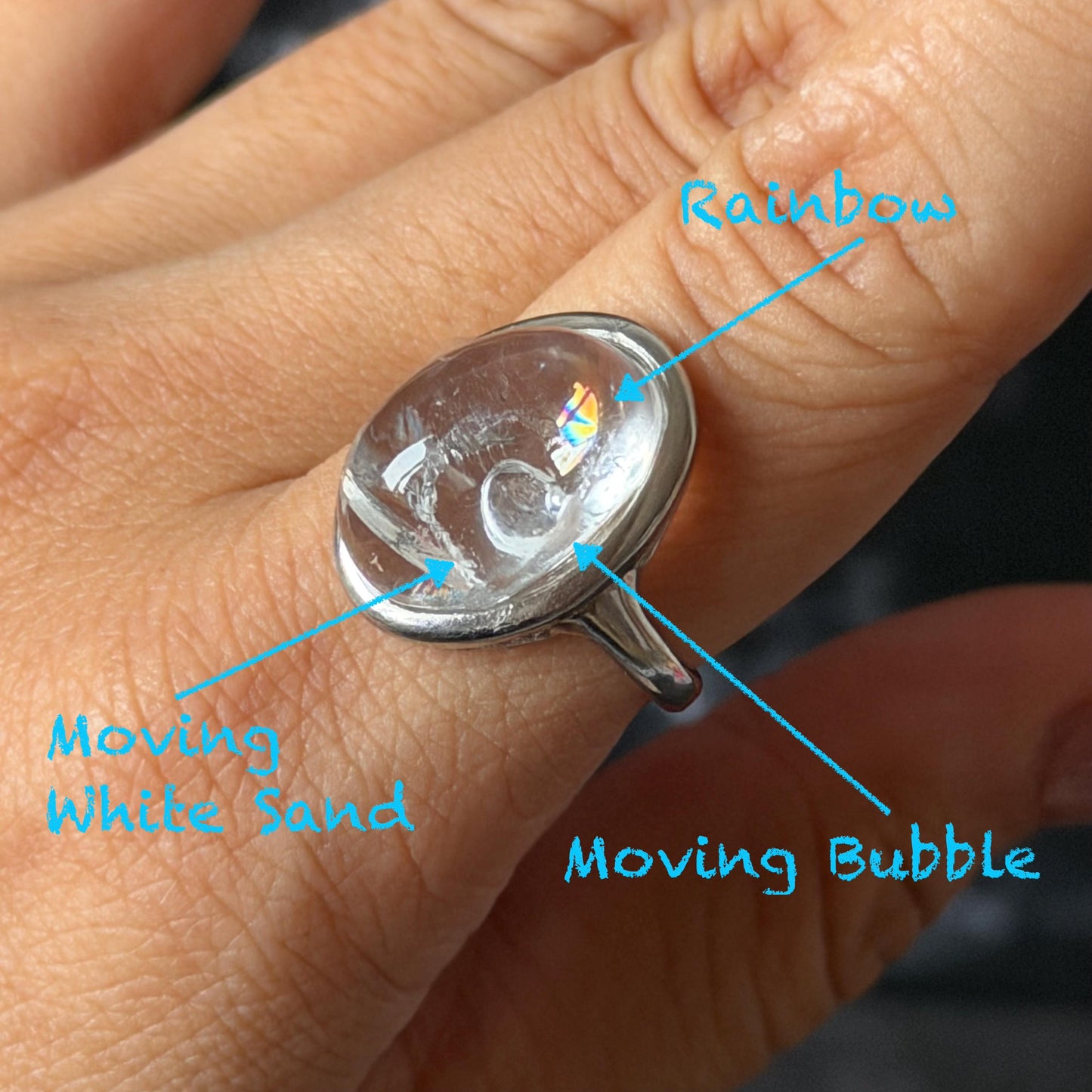 Rare-find! Polished Enhydro Quartz (Herkimer Diamond) S925 Silver Adjustable Ring: Rainbow! Moving White Sand & Big Clear Bubble Statement Ring for Women ring crystal band ring crystal cocktail ring crystal stackable ring 7 chakra crystal ring meditation crystal healing stone birthstone silver ring ring for men rainbow quartz
