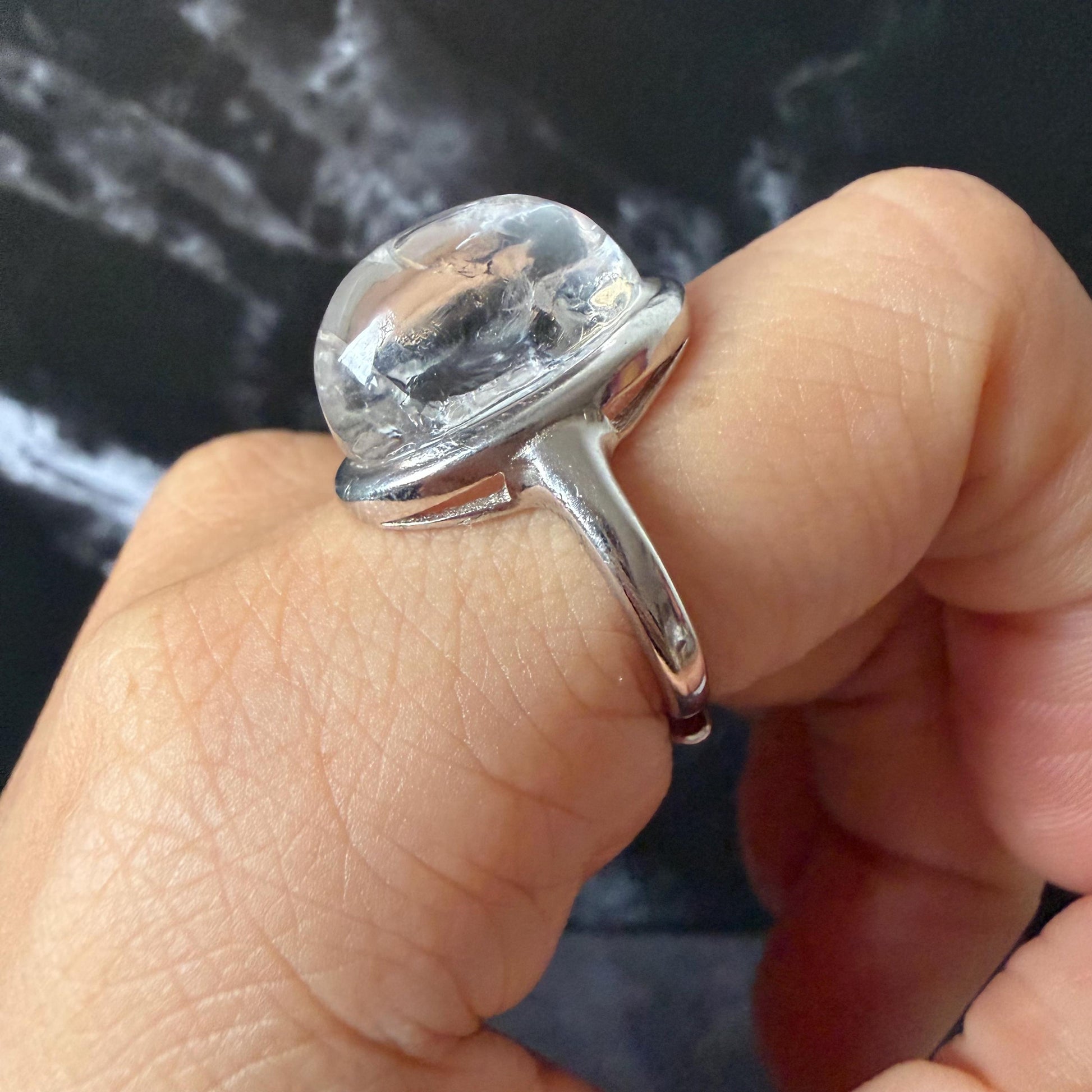 Rare-find! Polished Enhydro Quartz (Herkimer Diamond) S925 Silver Adjustable Ring: Rainbow! Moving White Sand & Big Clear Bubble Statement Ring for Women ring crystal band ring crystal cocktail ring crystal stackable ring 7 chakra crystal ring meditation crystal healing stone birthstone silver ring ring for men rainbow quartz