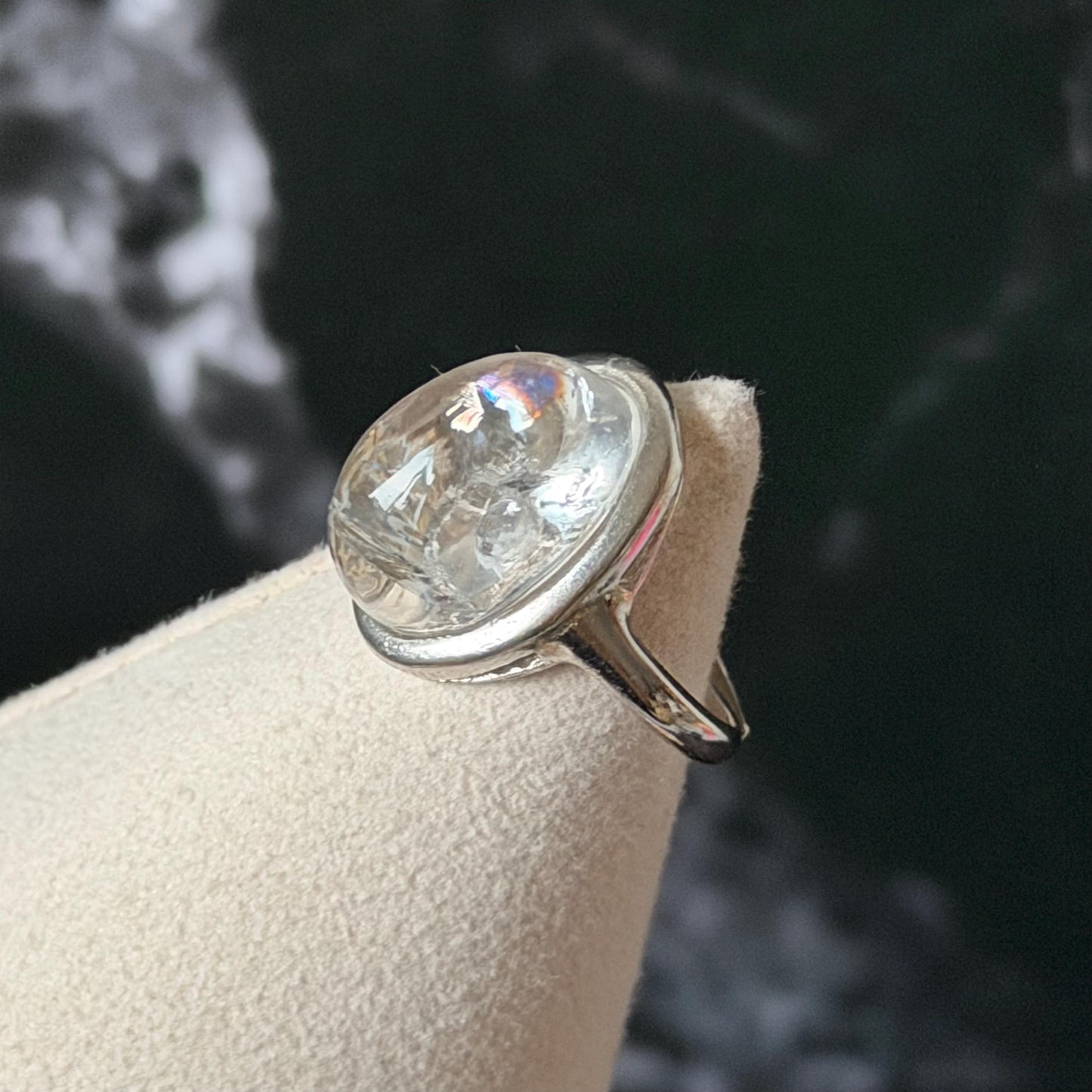 Rare-find! Polished Enhydro Quartz (Herkimer Diamond) S925 Silver Adjustable Ring: Rainbow! Moving White Sand & Big Clear Bubble Statement Ring for Women ring crystal band ring crystal cocktail ring crystal stackable ring 7 chakra crystal ring meditation crystal healing stone birthstone silver ring ring for men rainbow quartz